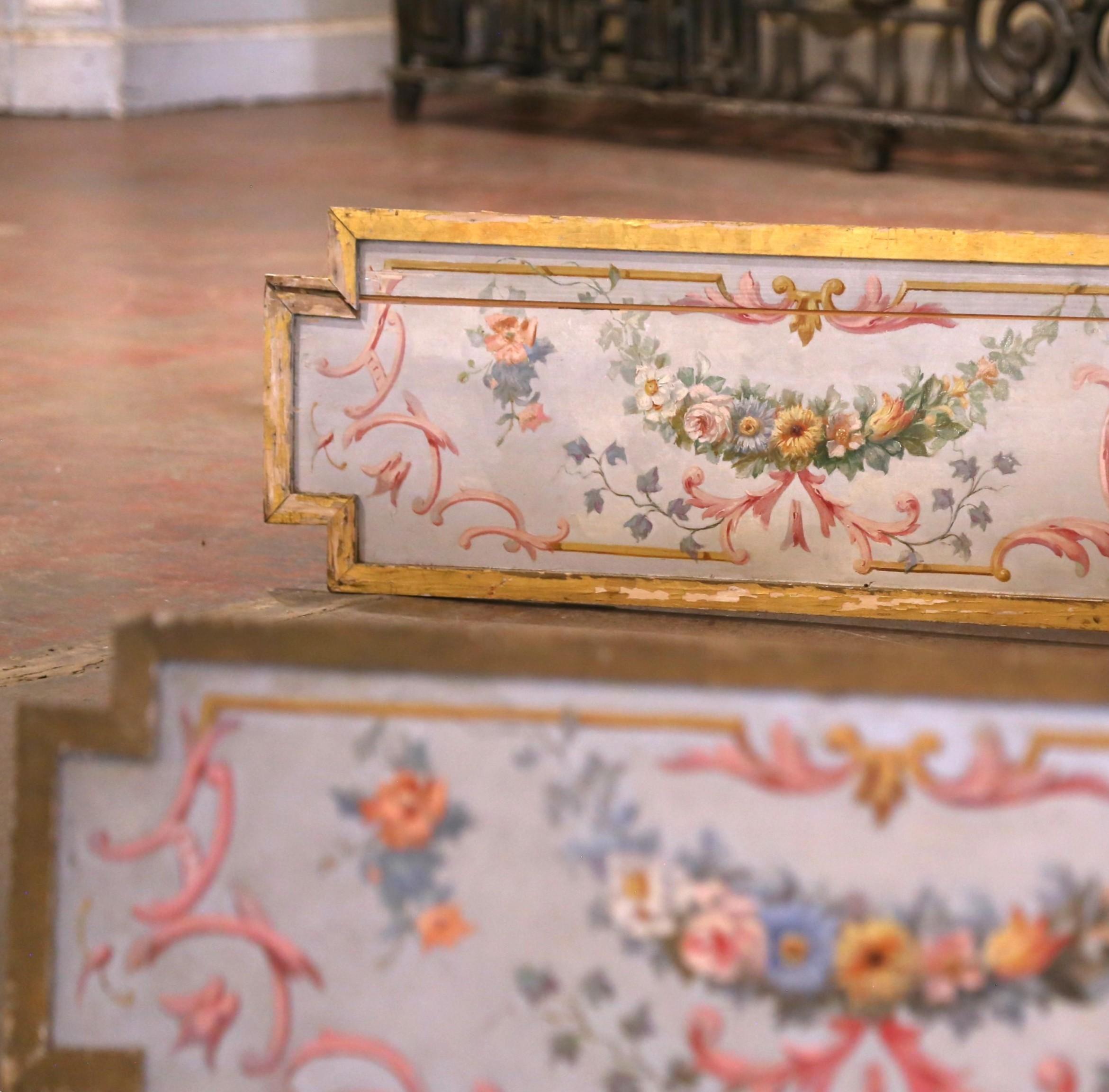 Dress a wall or interior niche with this elegant pair of antique hand-painted panels. Crafted in France circa 1860, each wooden panel is framed in a molded gilt border and rendered in the Rococo Revival style, featuring delicate scrolling floral