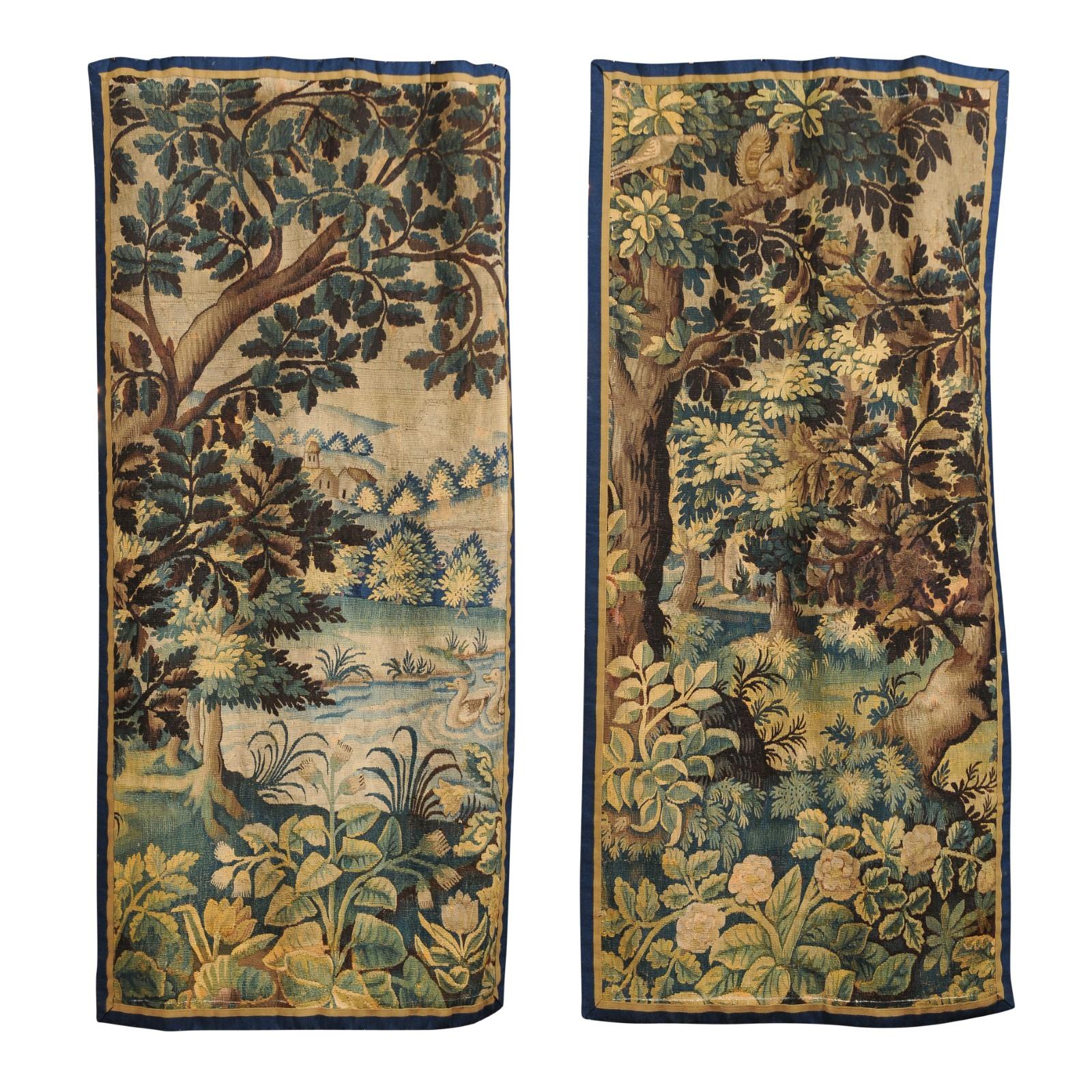 Pair of 19th Century French Handmade Vertical Tapestries with Pastoral Scenes
