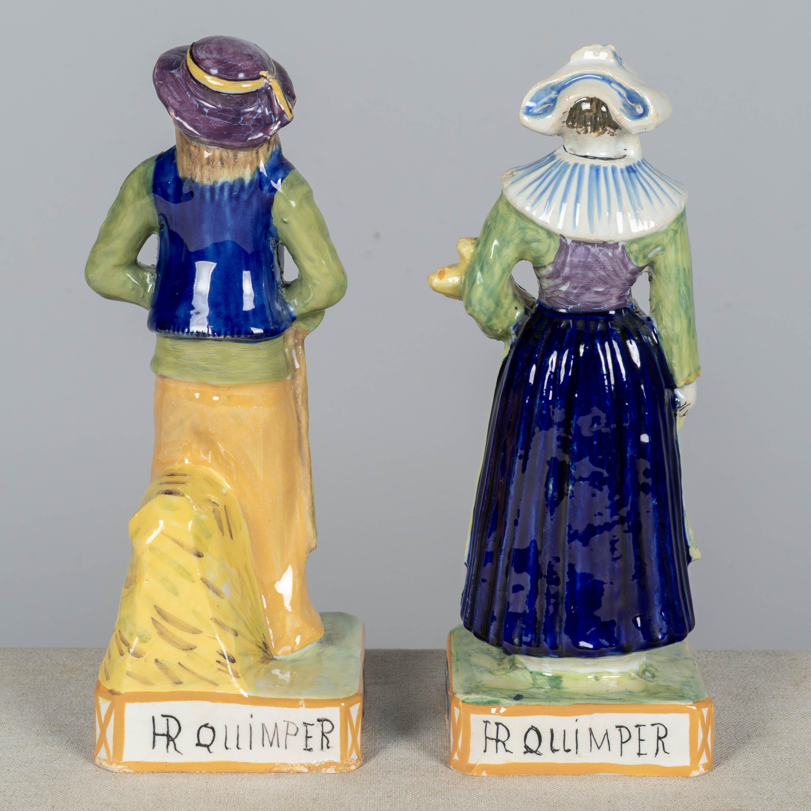 Hand-Painted Pair of 19th Century French Henriot Quimper Faience Figurines For Sale