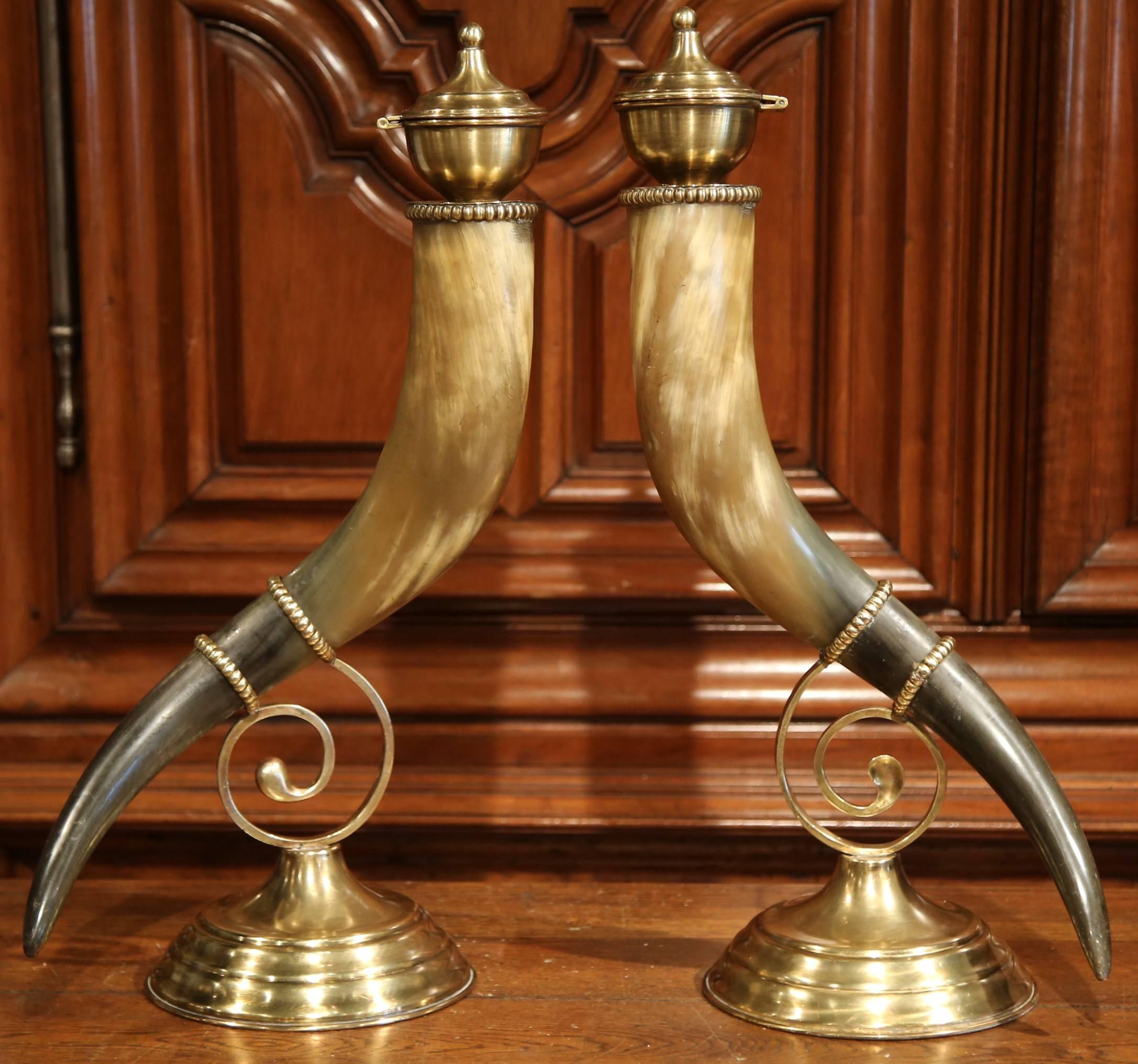 Hand-Crafted Pair of 19th Century French Horns Cornucopia Vases on Brass Mounts Stands