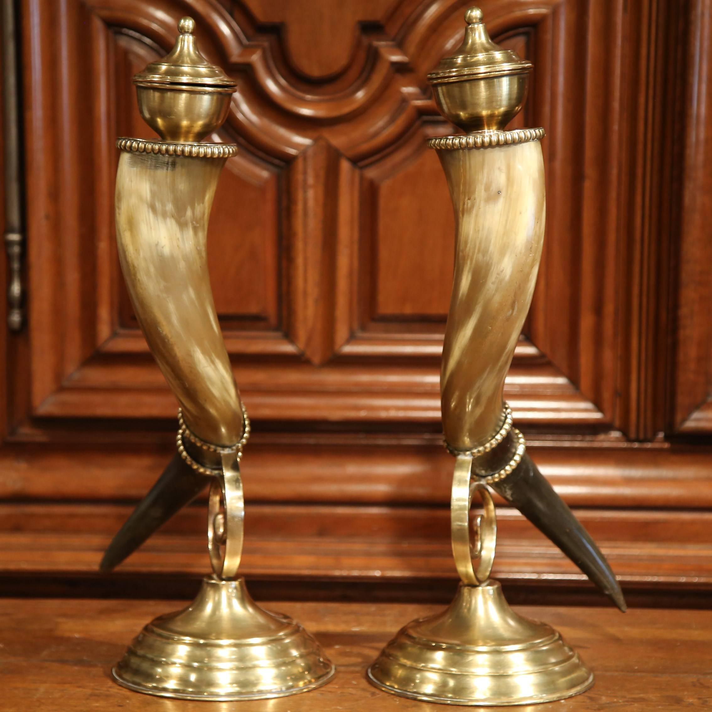 Pair of 19th Century French Horns Cornucopia Vases on Brass Mounts Stands In Excellent Condition In Dallas, TX