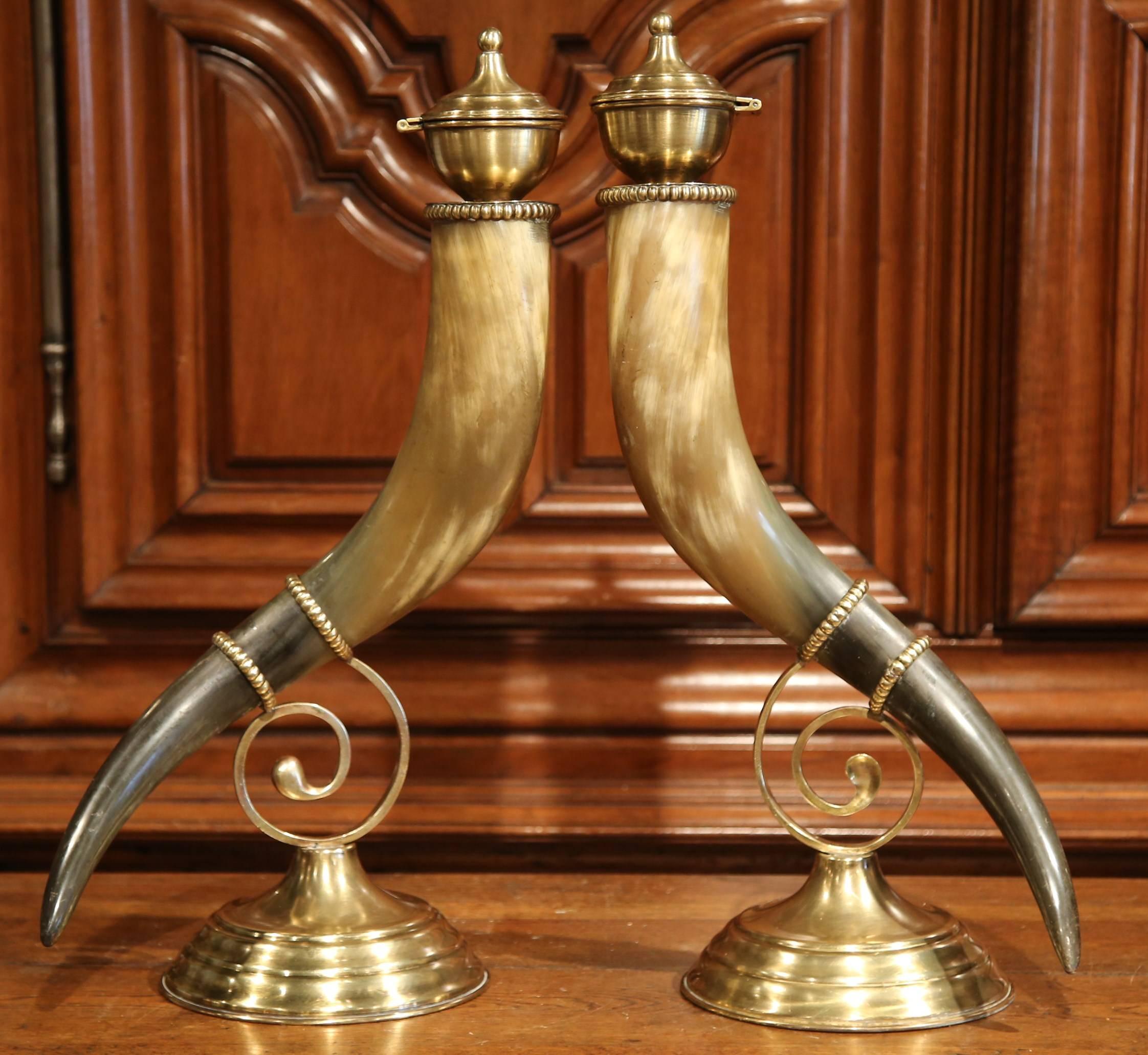 Pair of 19th Century French Horns Cornucopia Vases on Brass Mounts Stands 1