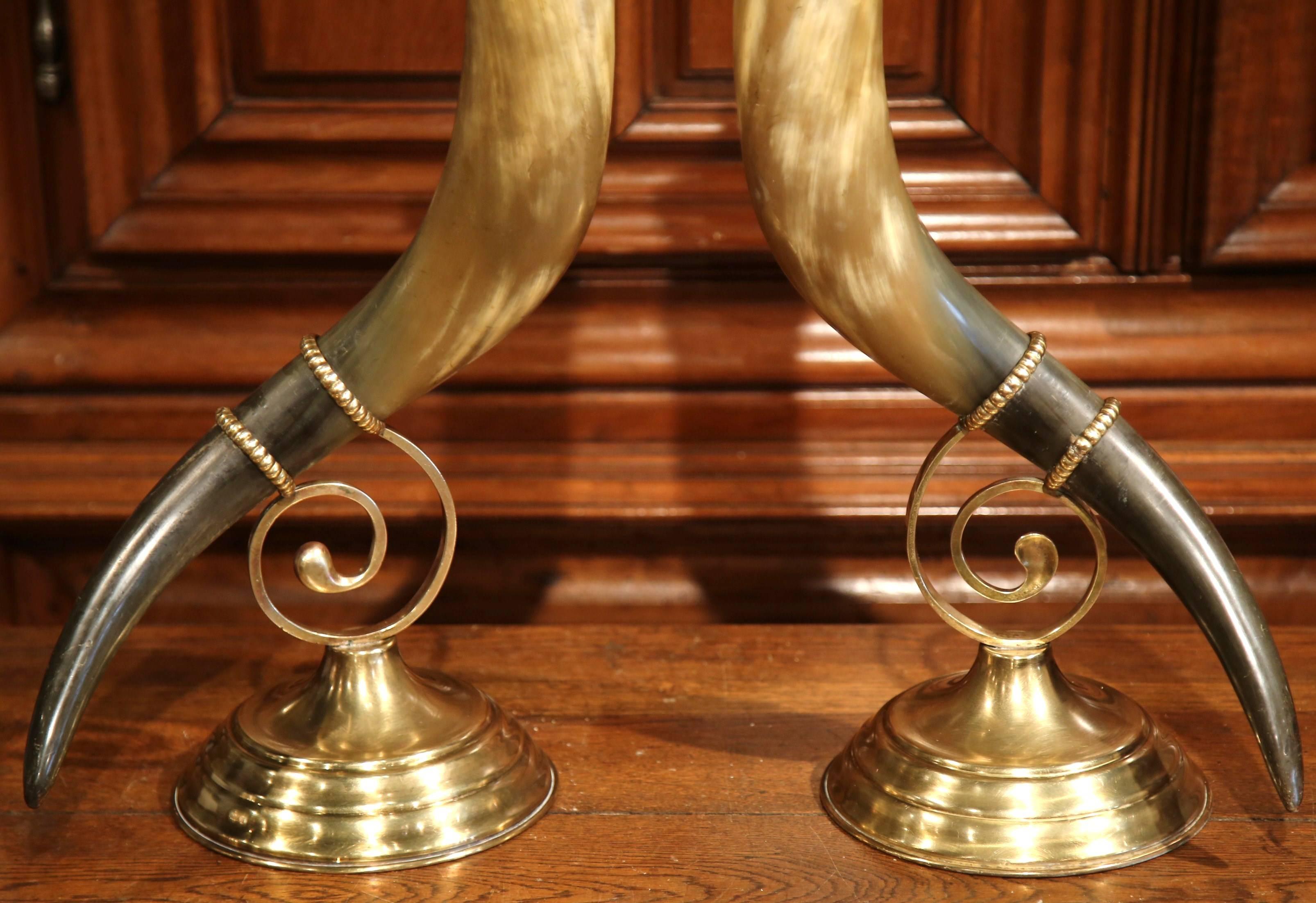 Pair of 19th Century French Horns Cornucopia Vases on Brass Mounts Stands 2