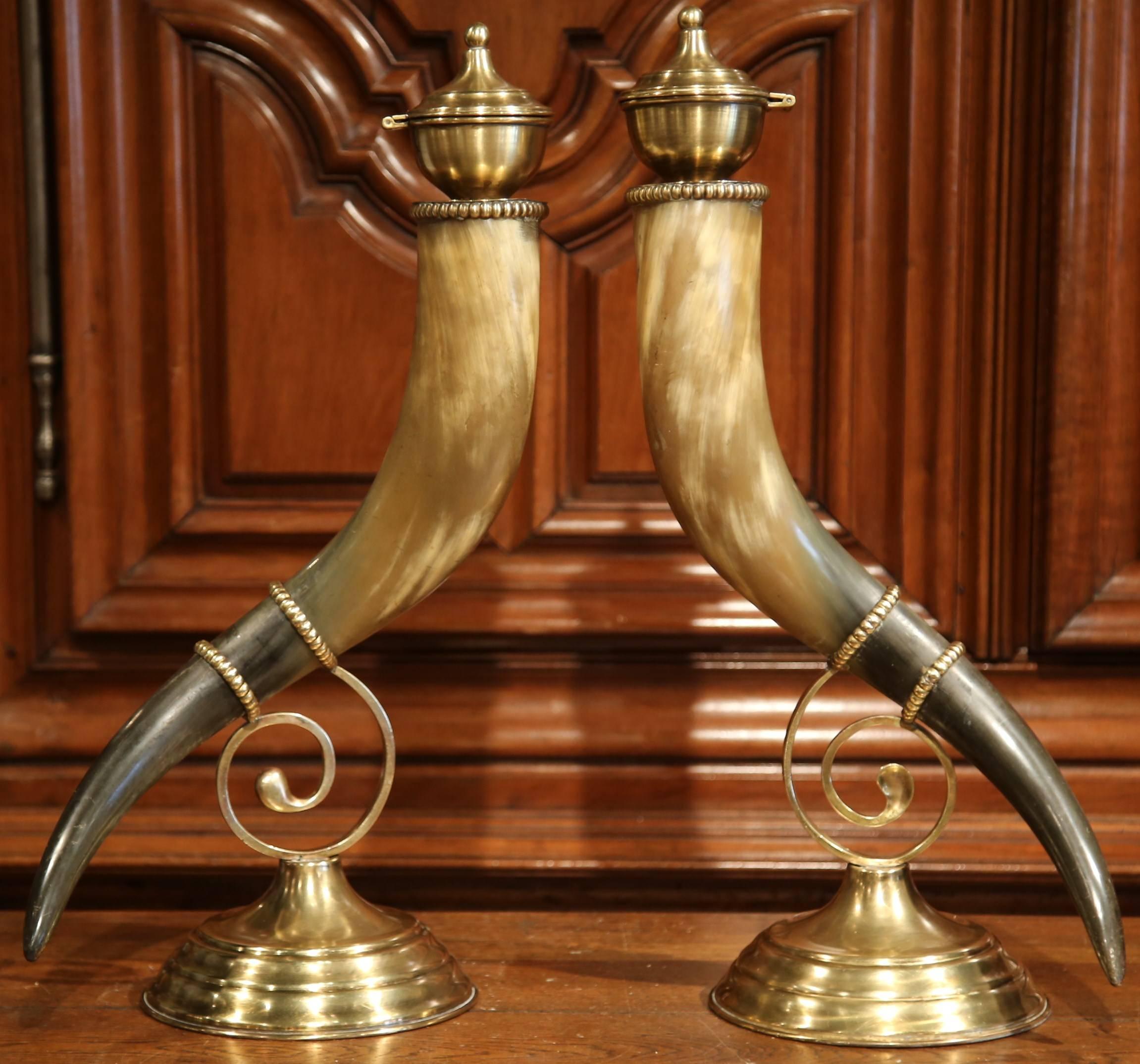 Pair of 19th Century French Horns Cornucopia Vases on Brass Mounts Stands 4