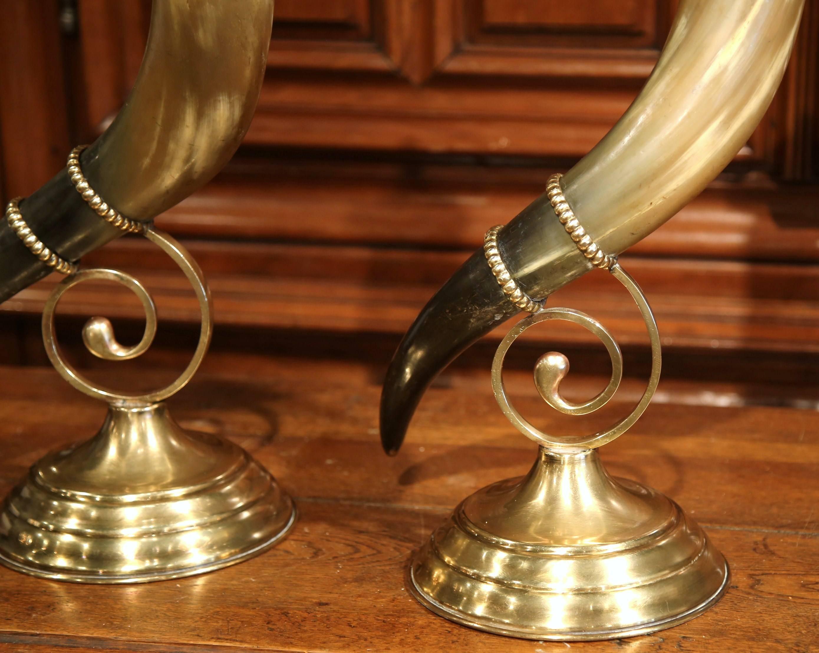 Pair of 19th Century French Horns Cornucopia Vases on Brass Mounts Stands 5
