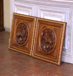 Pair of 19th Century French Hunt-Themed Carved Walnut Panels with Gilt Trim