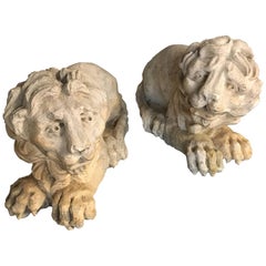 Pair of 19th Century French Image-Miroir Sculpted Limestone Lions in Repose