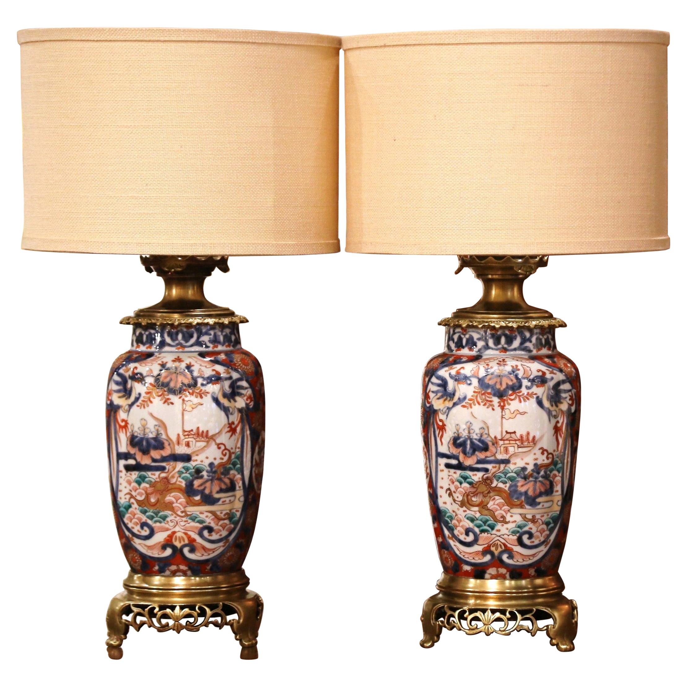 Pair of 19th Century French Imari Hand Painted Porcelain and Bronze Table Lamps