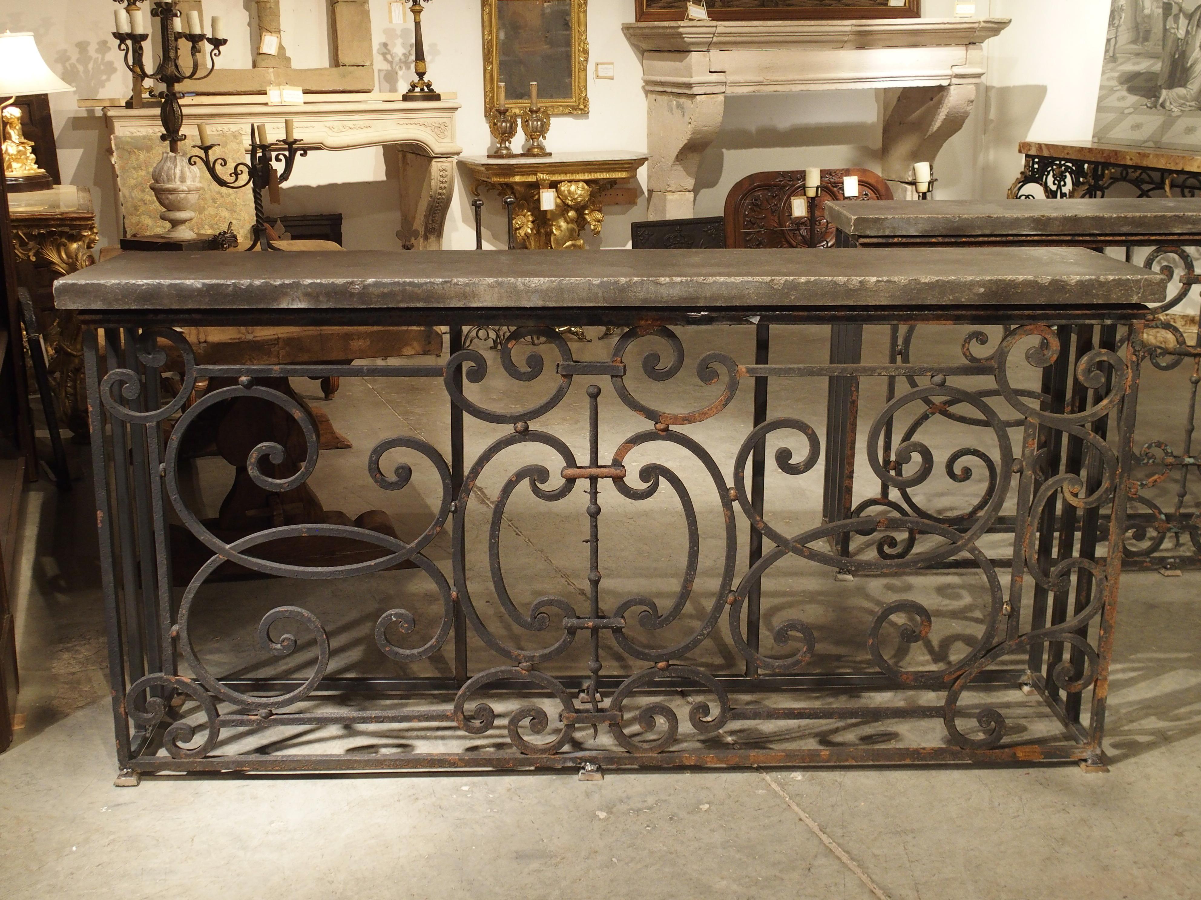 Pair of 19th Century French Iron Balcony Gate Consoles with Bluestone Tops In Good Condition In Dallas, TX