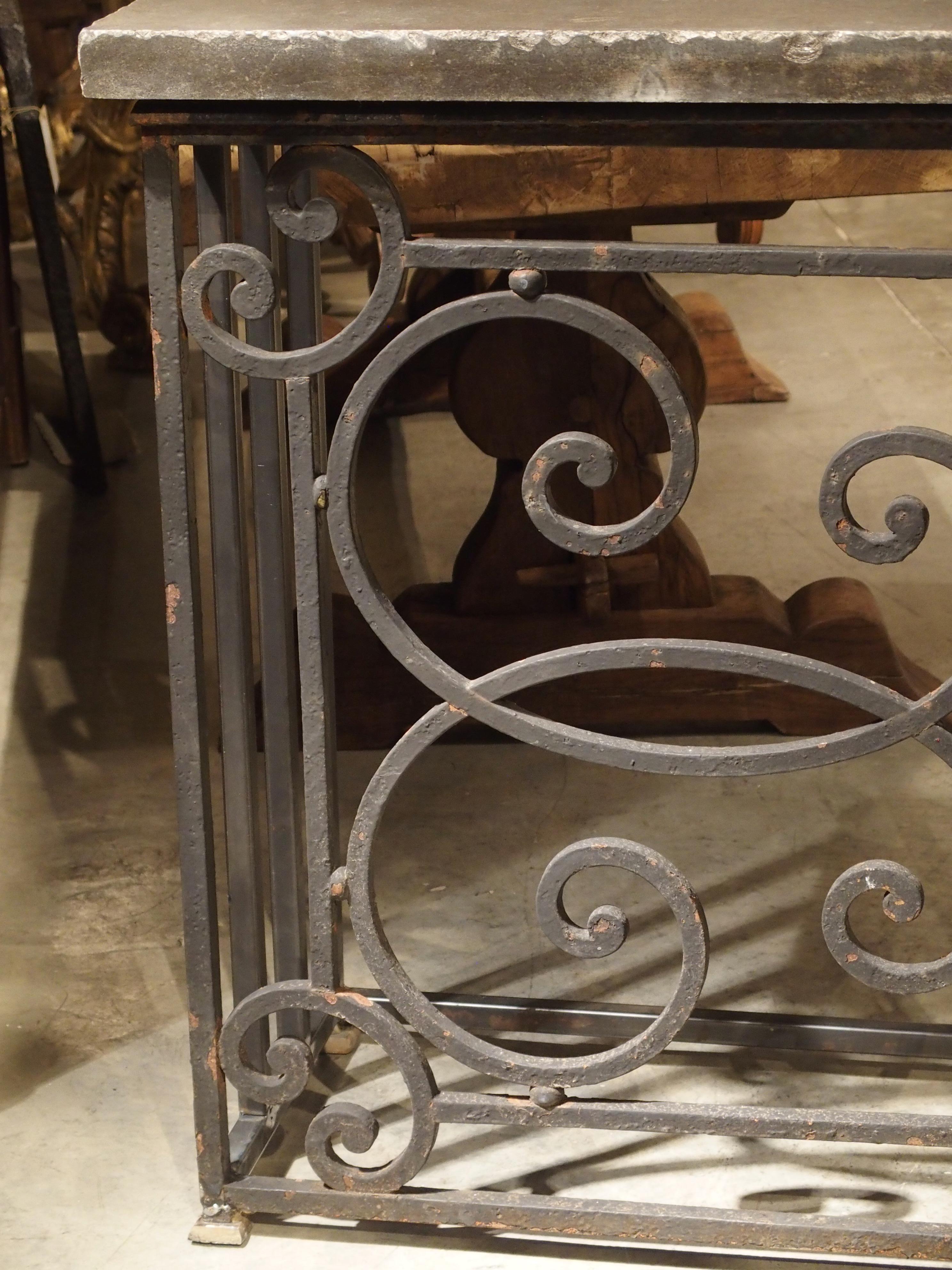 Limestone Pair of 19th Century French Iron Balcony Gate Consoles with Bluestone Tops