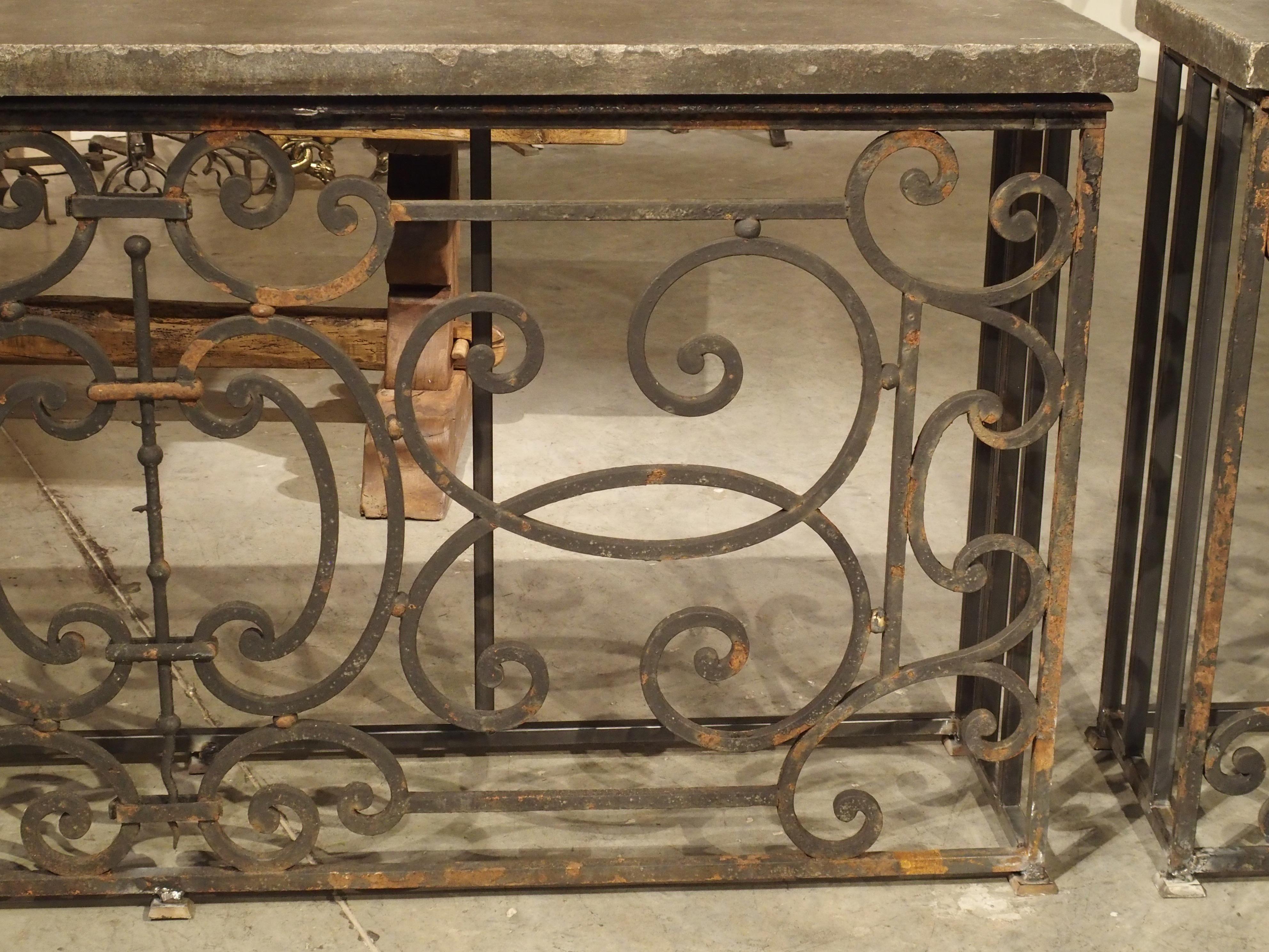 Pair of 19th Century French Iron Balcony Gate Consoles with Bluestone Tops 4