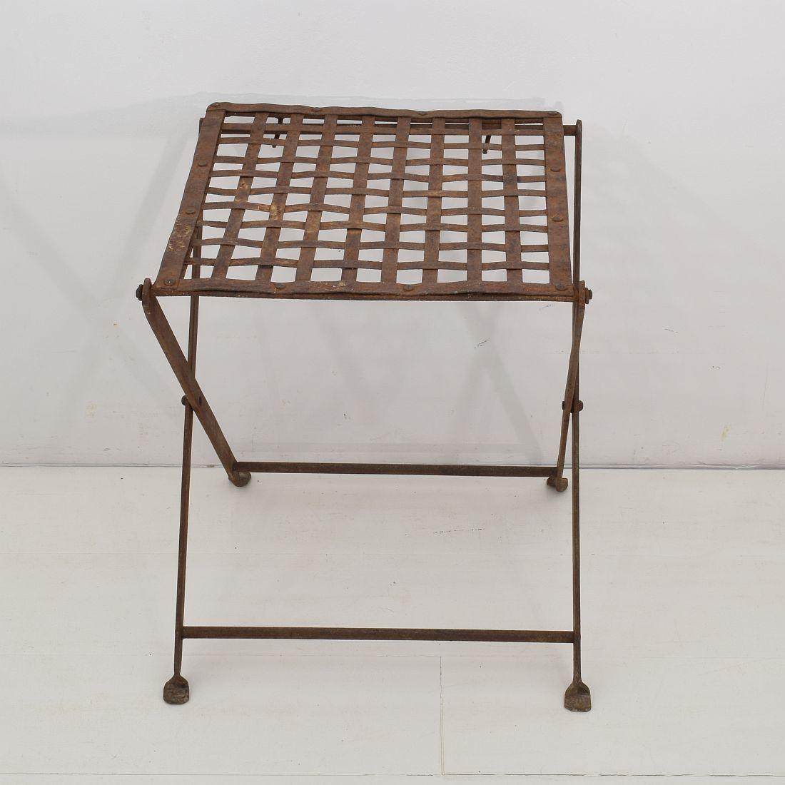 Pair of 19th Century French Iron Folding Garden Chairs with Small Table/Stool 7