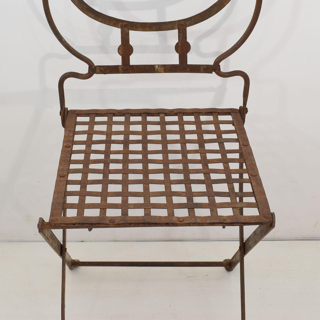 Pair of 19th Century French Iron Folding Garden Chairs with Small Table/Stool 12