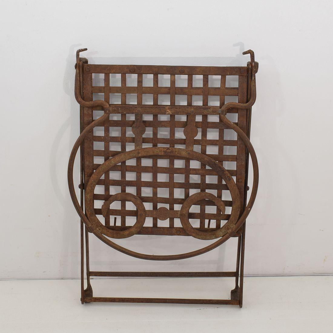 Pair of 19th Century French Iron Folding Garden Chairs with Small Table/Stool 15