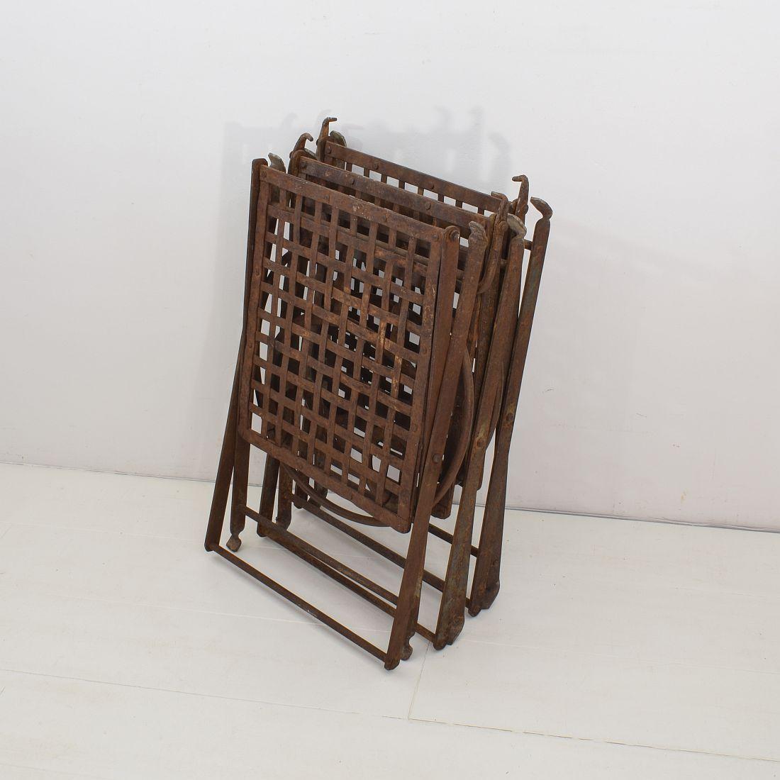 Pair of 19th Century French Iron Folding Garden Chairs with Small Table/Stool 16