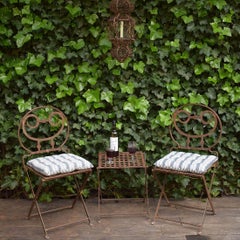 Pair of 19th Century French Iron Folding Garden Chairs with Small Table/Stool