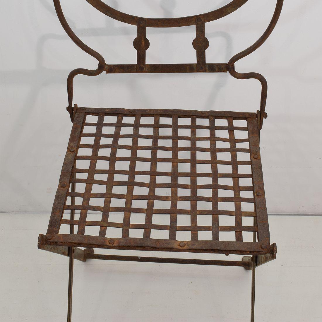 Pair of 19th Century French Iron Folding Garden Chairs with Small Table/Stool 3