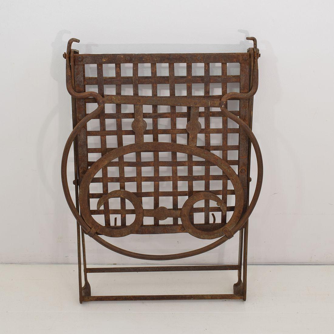Pair of 19th Century French Iron Folding Garden Chairs with Small Table/Stool 5