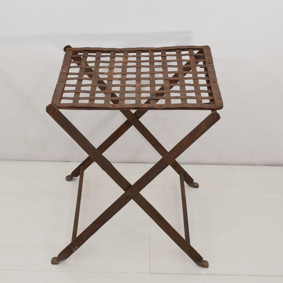 Pair of 19th Century French Iron Folding Garden Chairs with Small Table/Stool 6