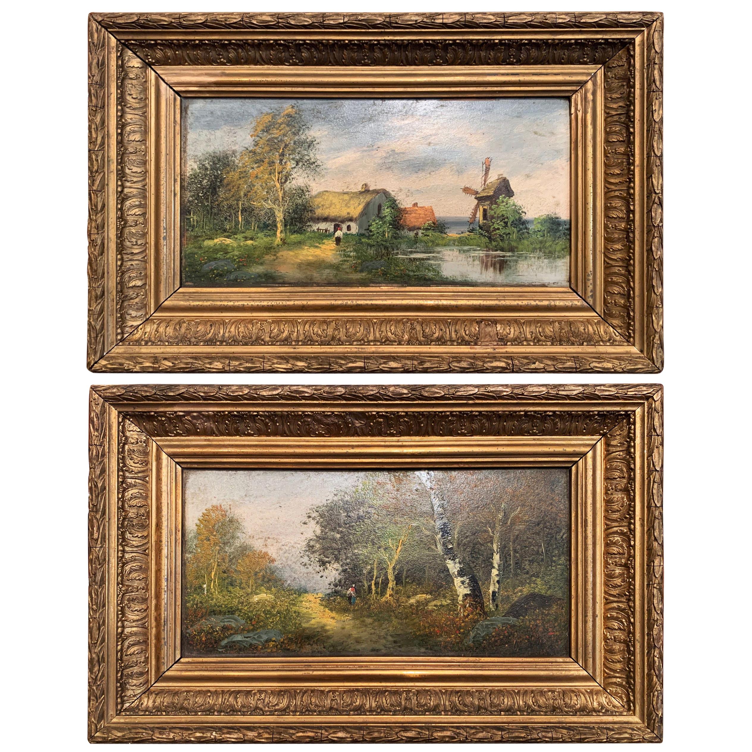 Pair of 19th Century French Landscape Paintings in Gilt Frames Signed M. Max