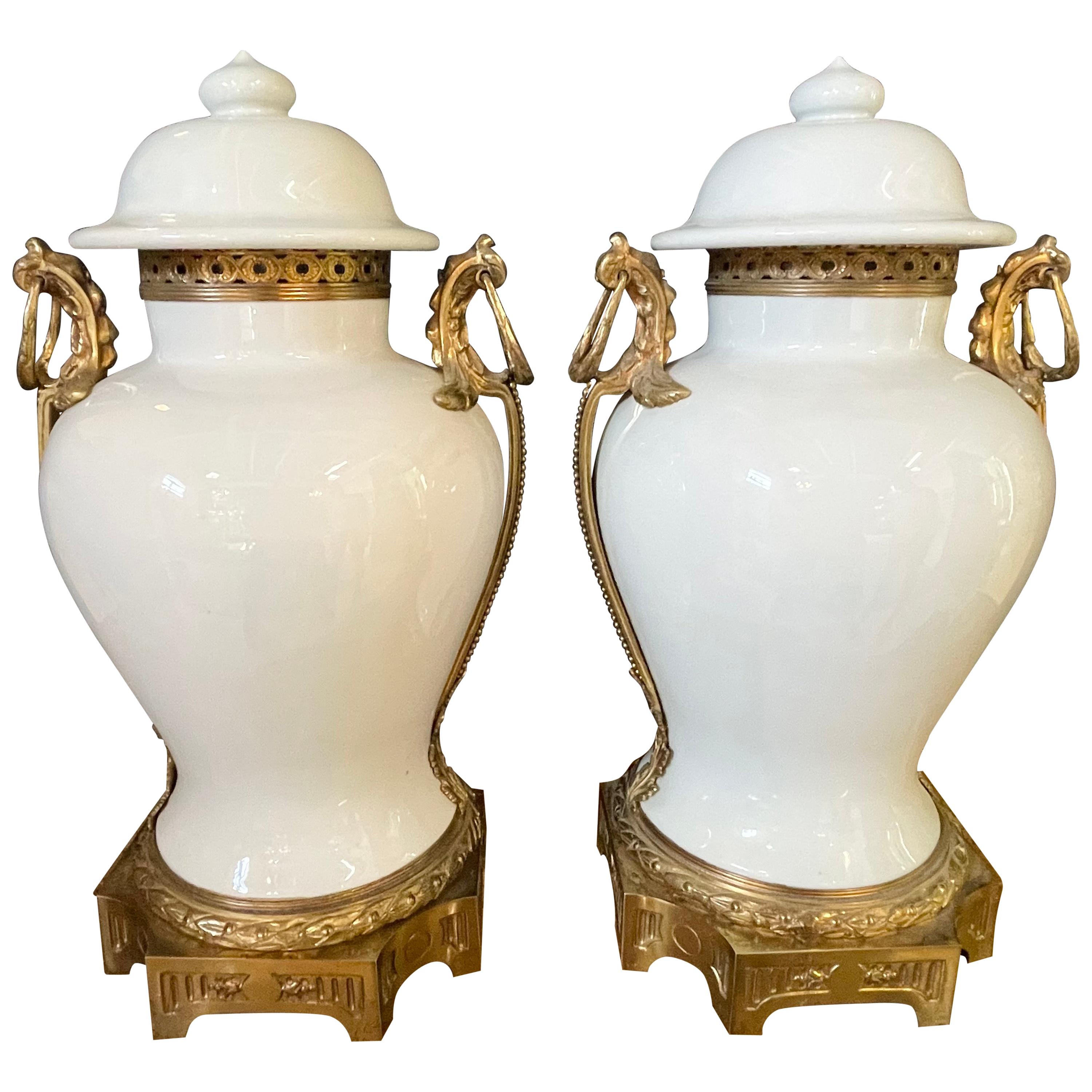 Pair of 19th Century French Lidded Baluster Vases / Urns Porcelain 
Dore Bronze
