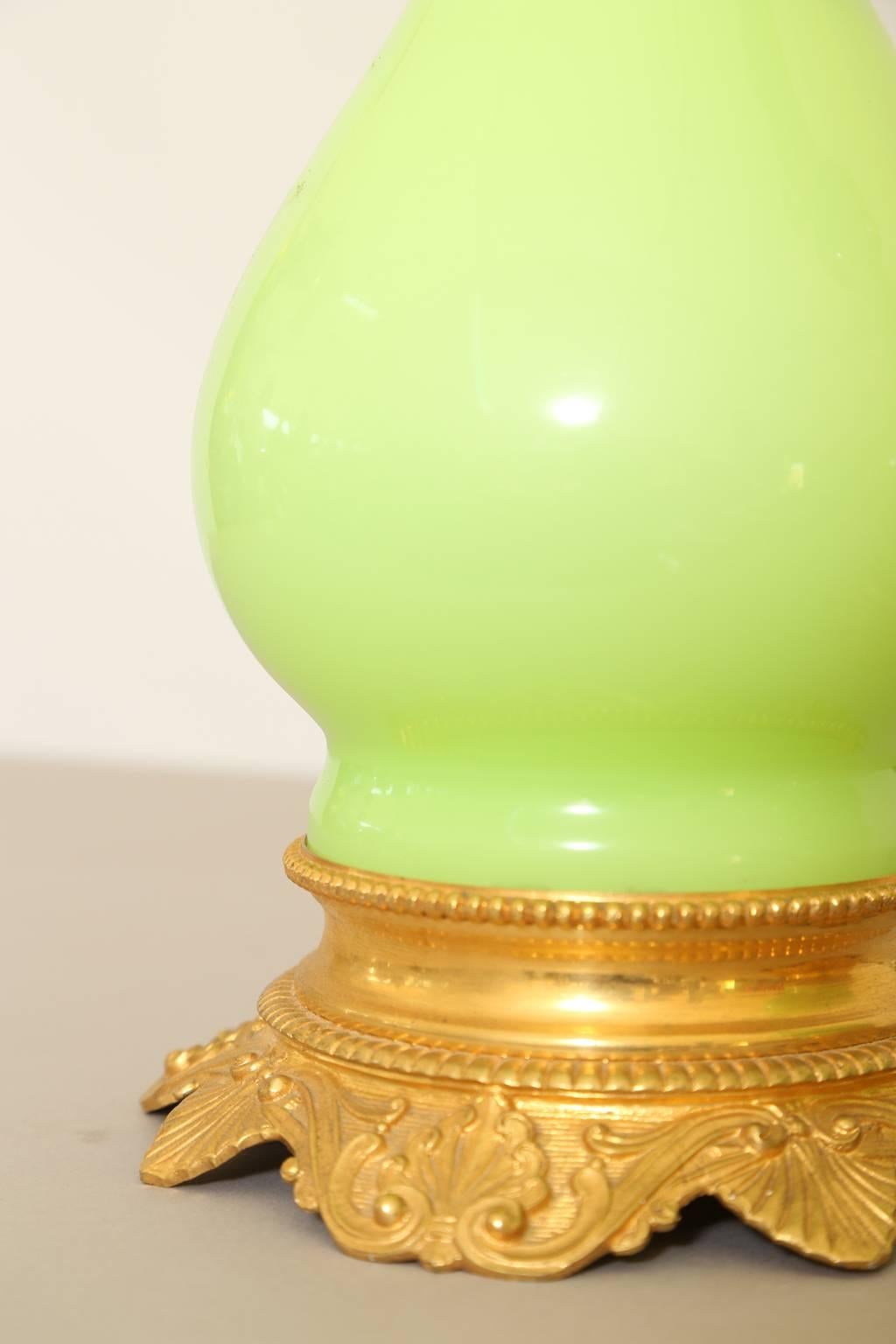 Pair of 19th Century, French, Lime-Green, Opaline Lamps In Excellent Condition In West Palm Beach, FL