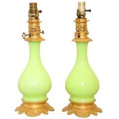 Antique Pair of 19th Century, French, Lime-Green, Opaline Lamps