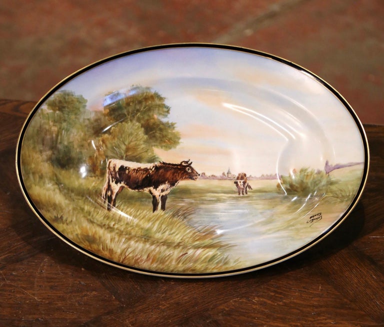 Pair of 19th Century French Limoges Painted Porcelain Cows Wall Platters For Sale 6