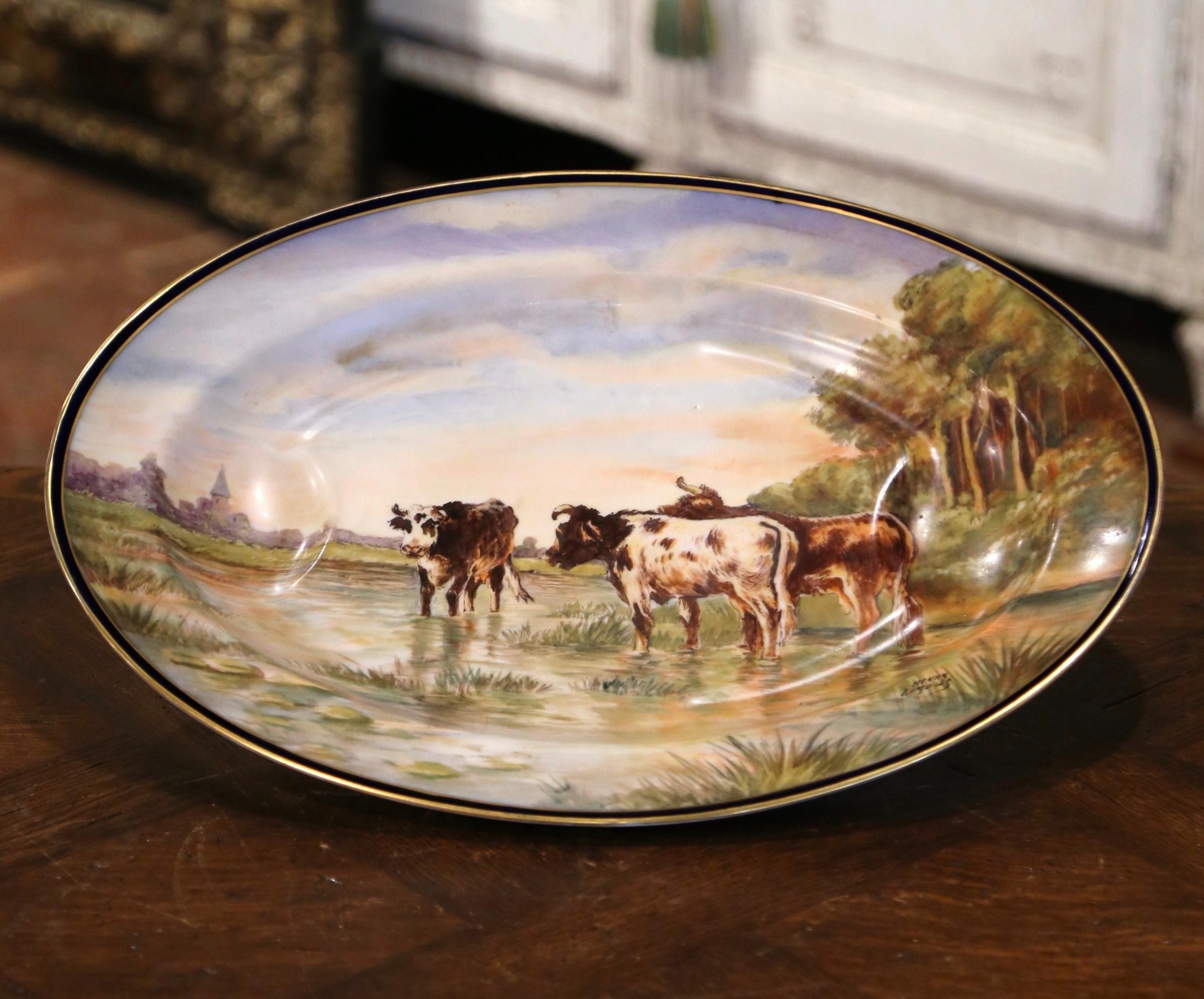 Gilt Pair of 19th Century French Limoges Painted Porcelain Cows Wall Platters For Sale