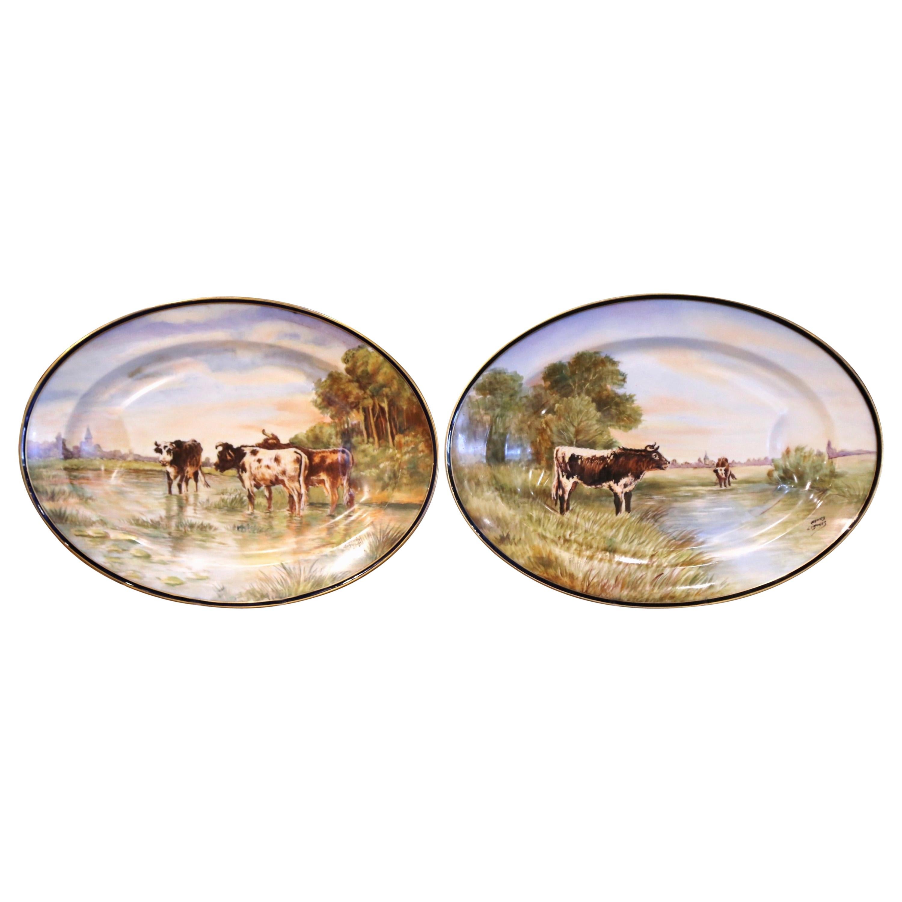 Pair of 19th Century French Limoges Painted Porcelain Cows Wall Platters