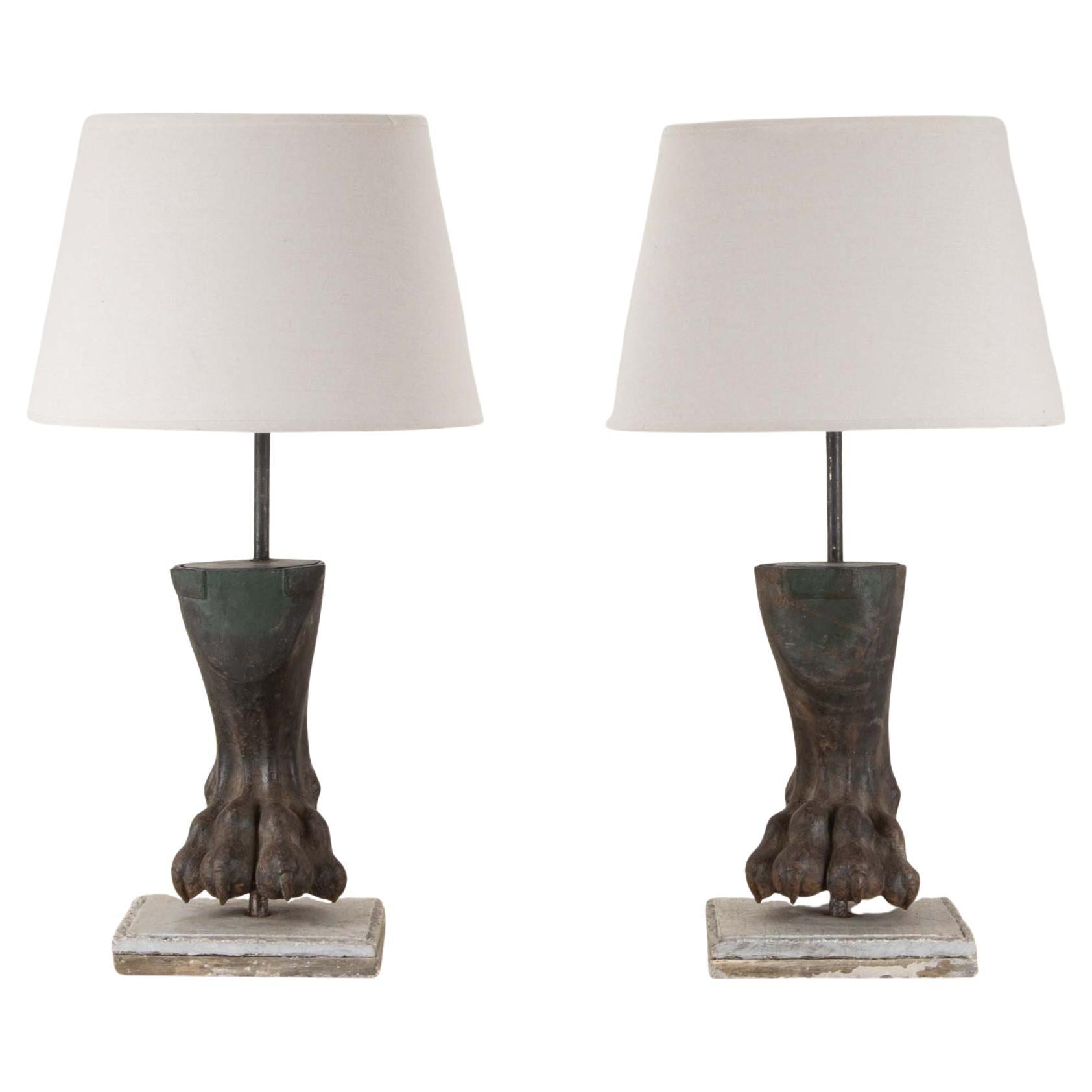 Pair of 19th Century French Lion Paw Lamps For Sale