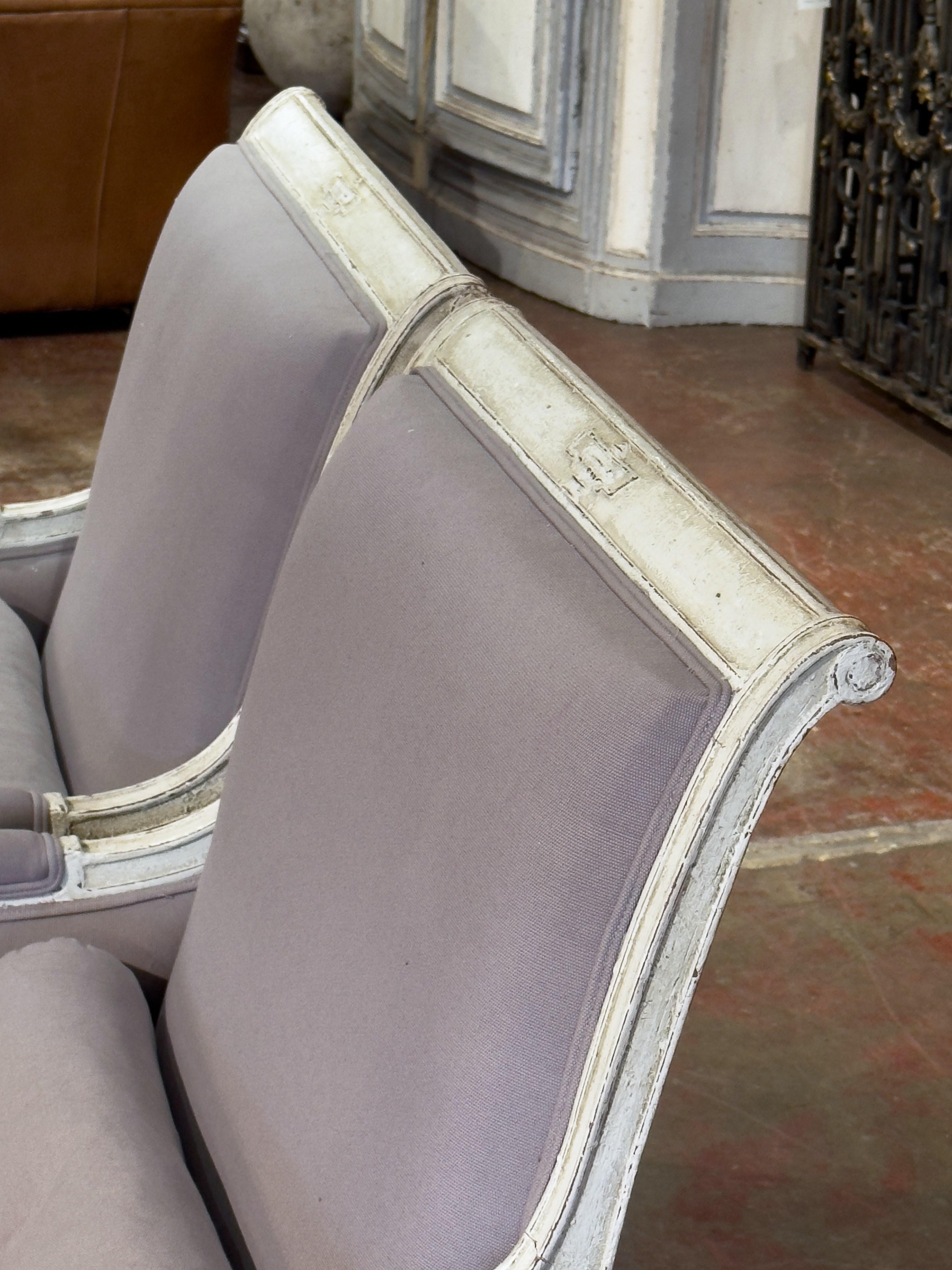 Hand-Carved Pair of 19th Century French Louis Philippe Carved Painted Upholstered Armchairs For Sale
