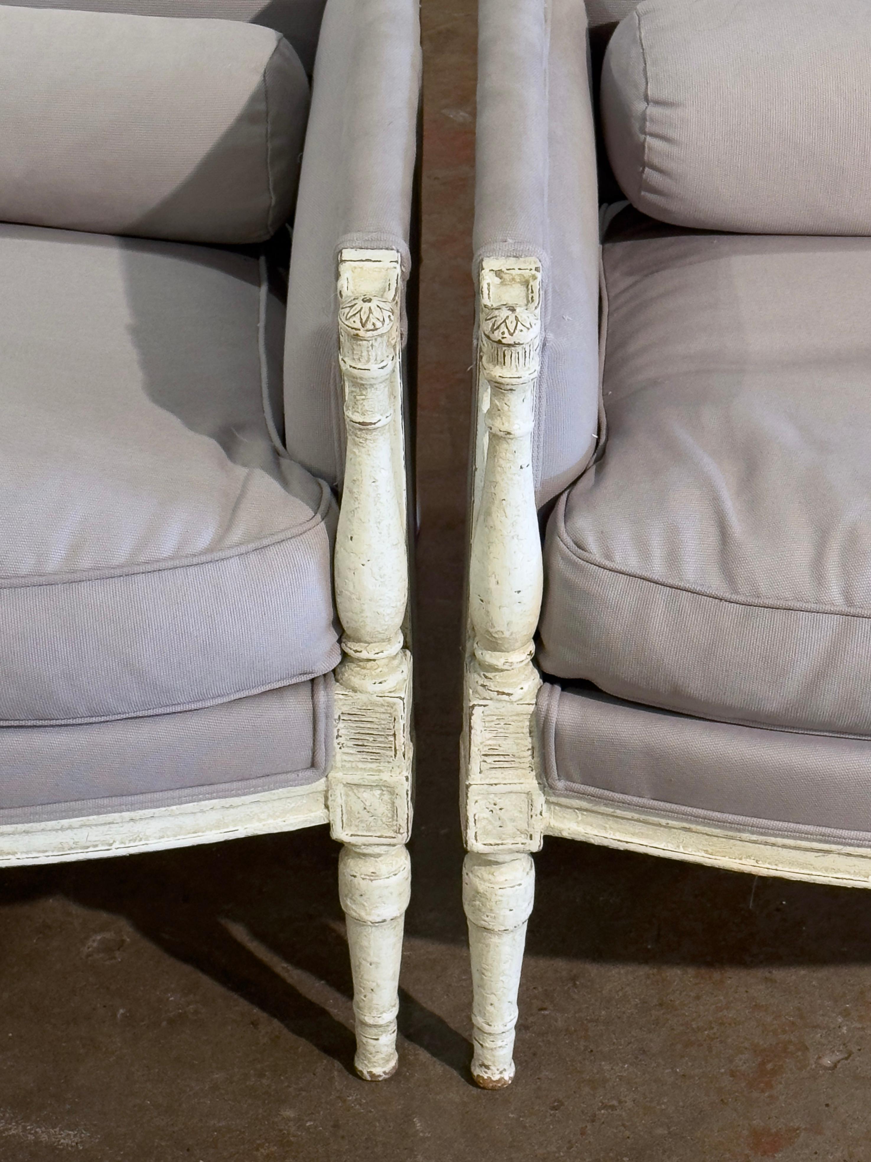 Pair of 19th Century French Louis Philippe Carved Painted Upholstered Armchairs For Sale 1