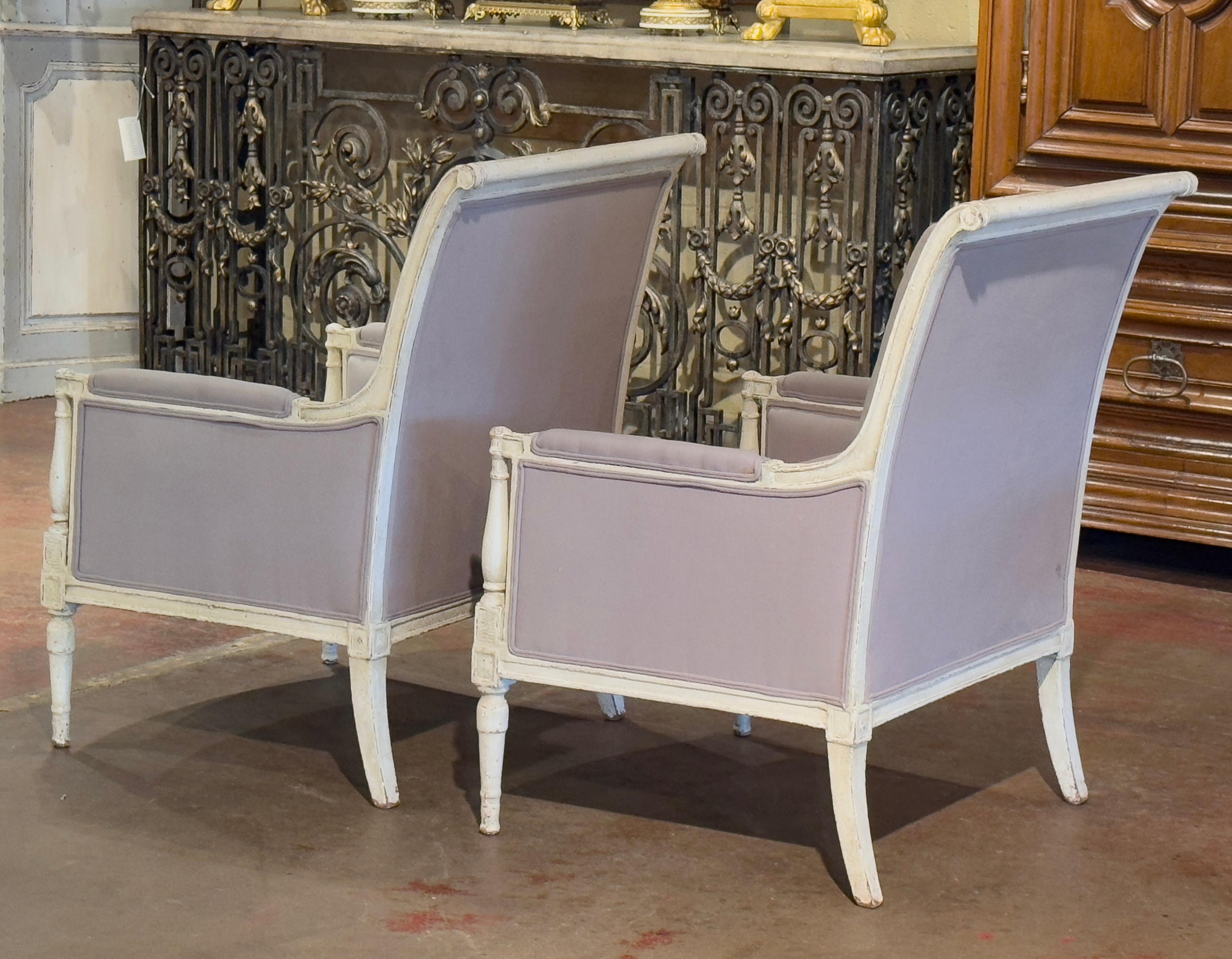 Pair of 19th Century French Louis Philippe Carved Painted Upholstered Armchairs For Sale 3
