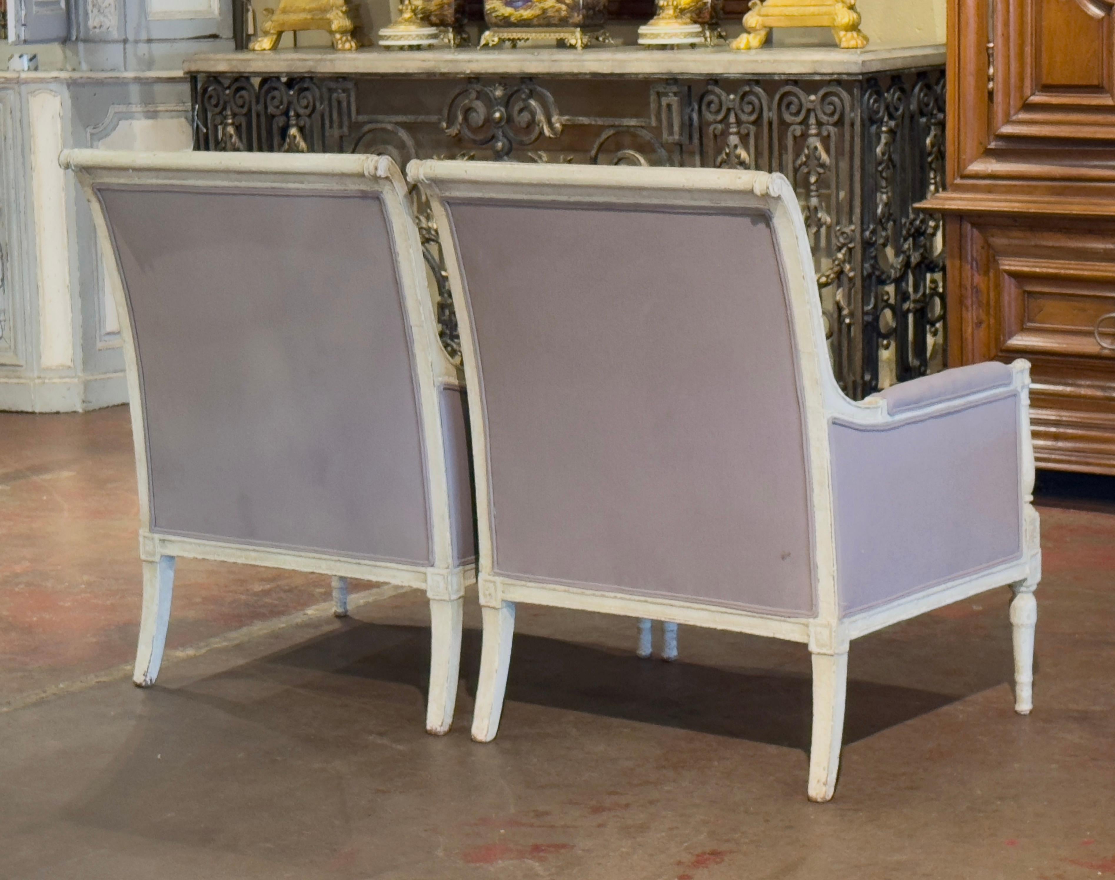 Pair of 19th Century French Louis Philippe Carved Painted Upholstered Armchairs For Sale 4