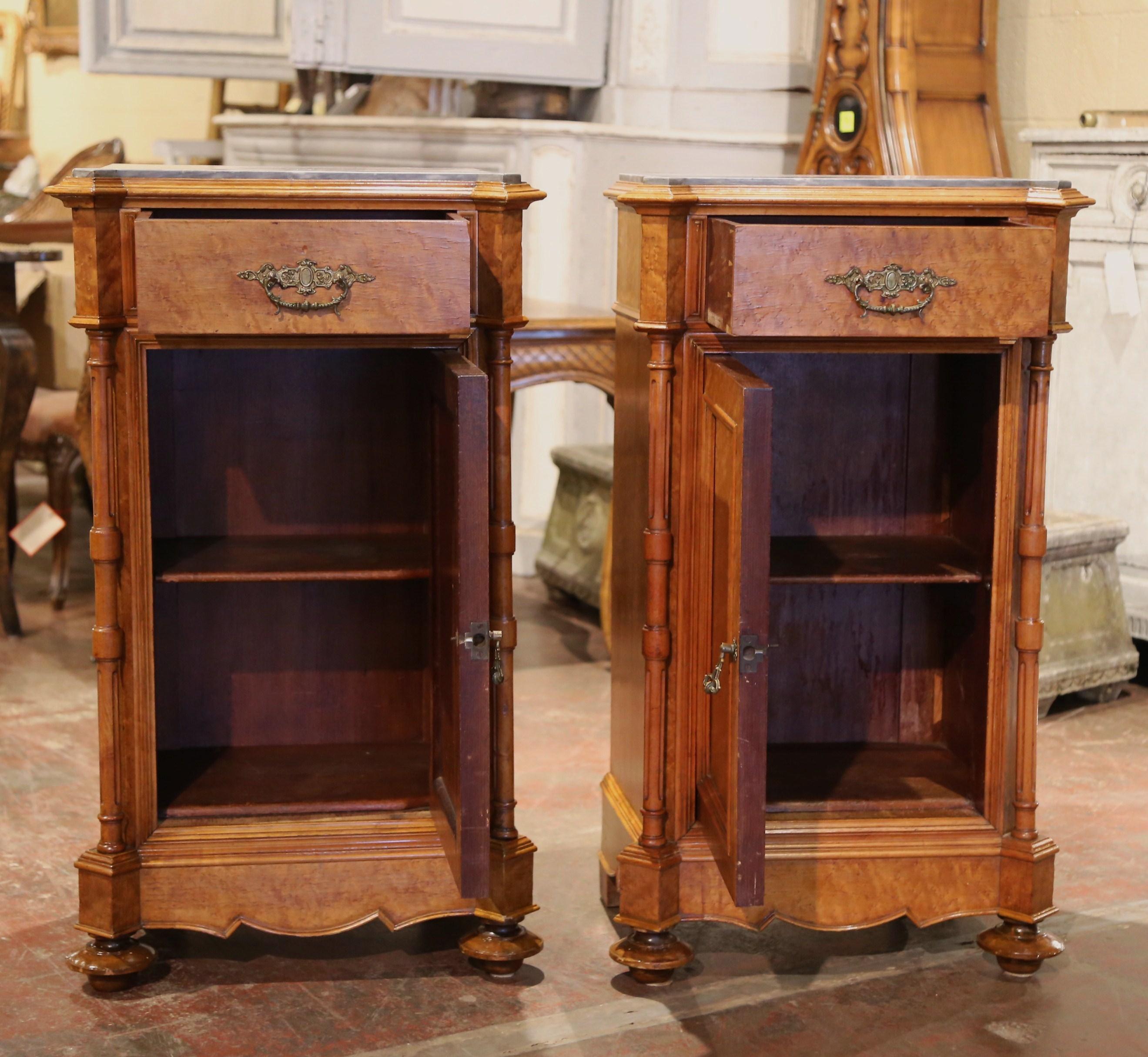 Pair of 19th Century French Louis Philippe Maple Wood and Marble Top Nightstands 1
