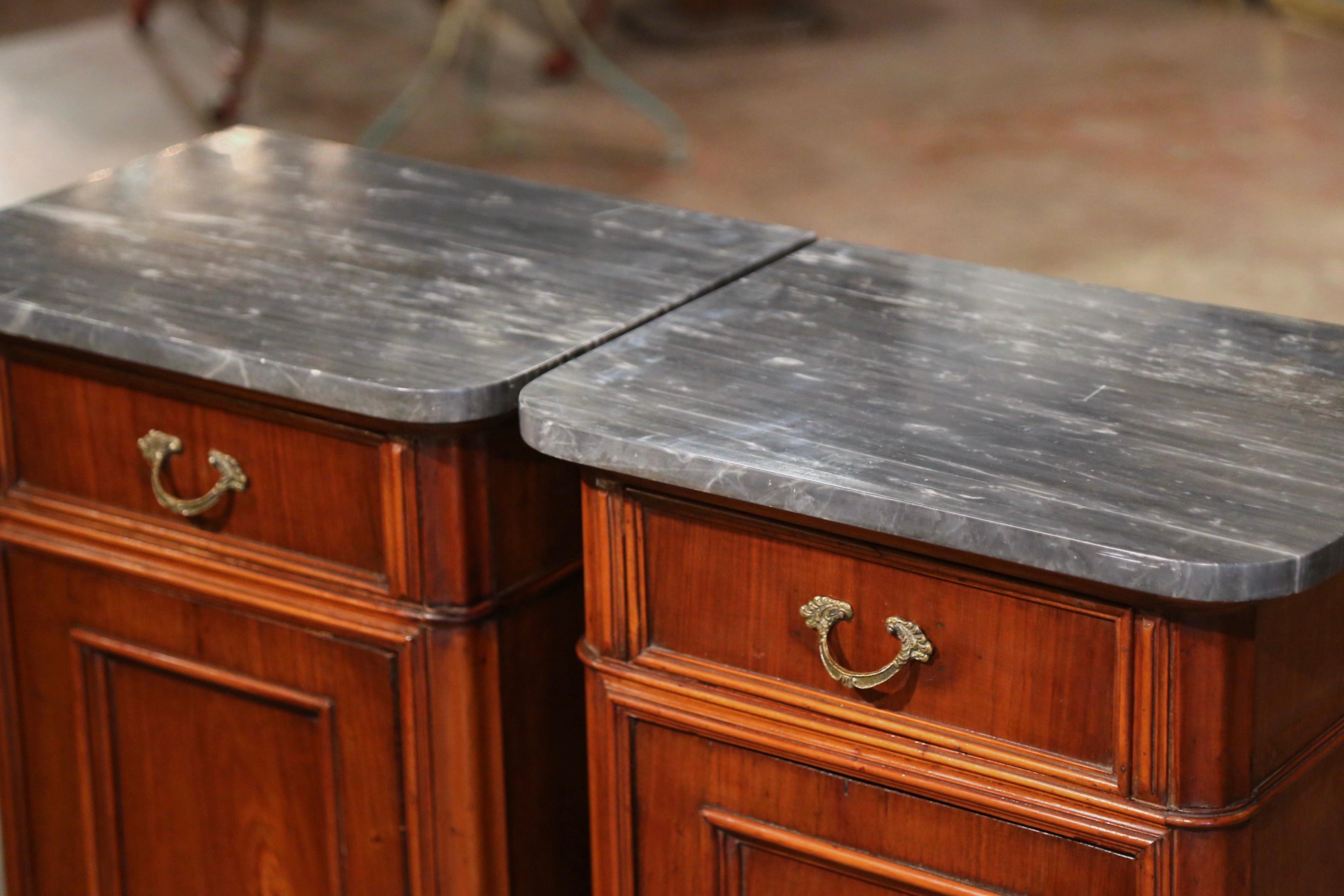 Pair of 19th Century French Louis Philippe Marble Top Walnut Bedside Cabinets In Excellent Condition In Dallas, TX