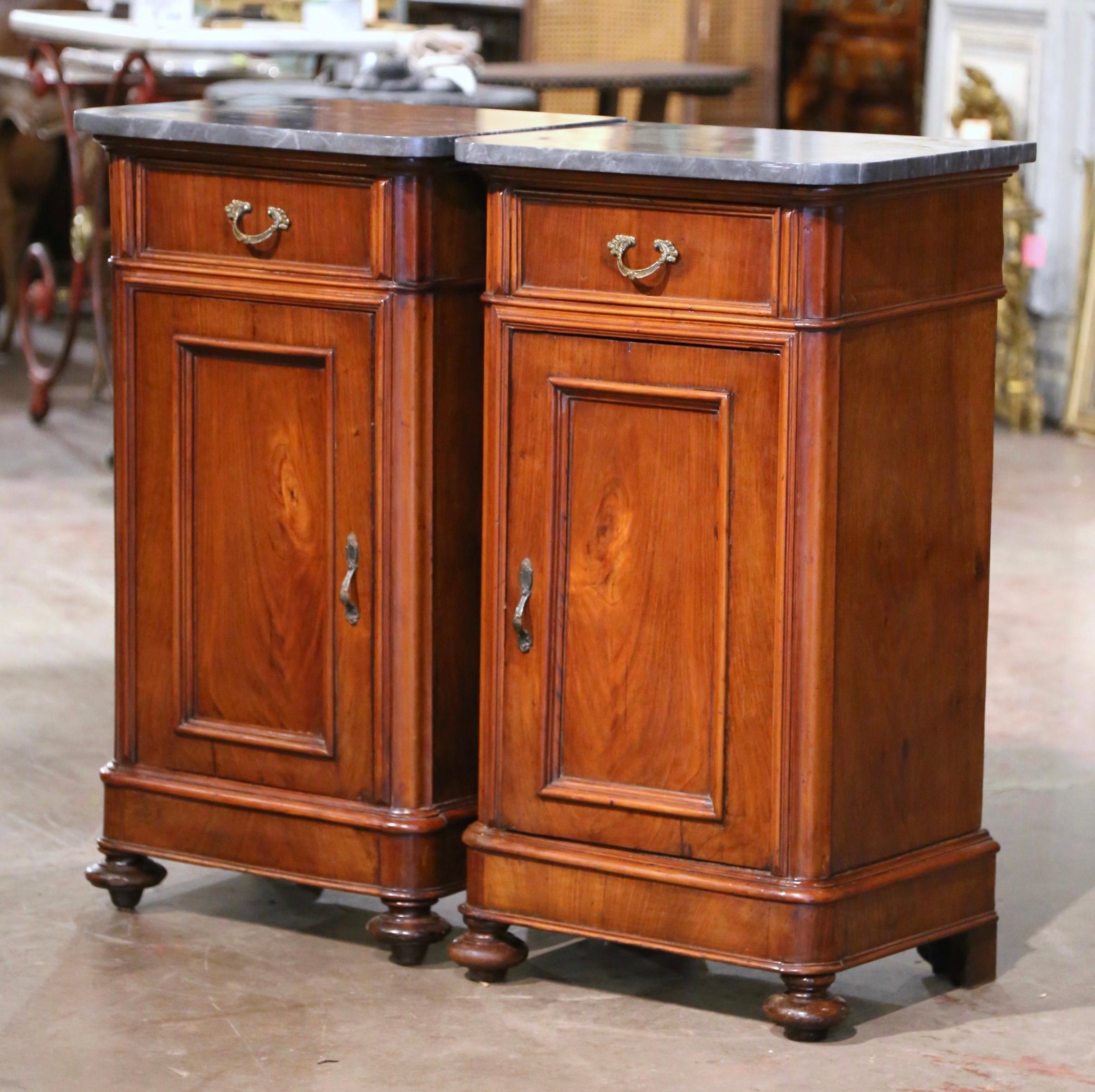 Pair of 19th Century French Louis Philippe Marble Top Walnut Bedside Cabinets 1