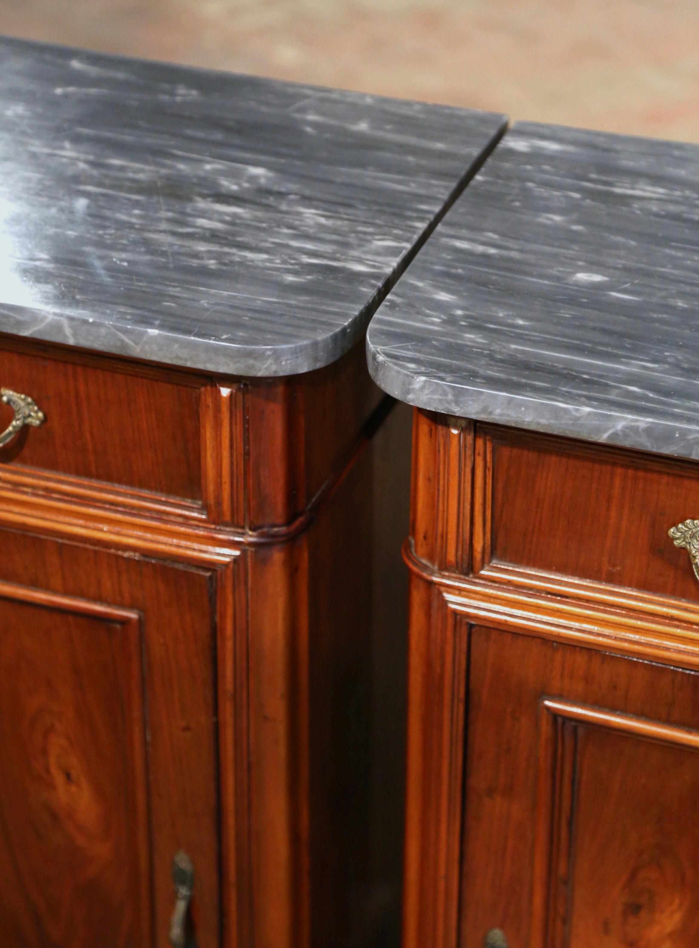 Pair of 19th Century French Louis Philippe Marble Top Walnut Bedside Cabinets 2