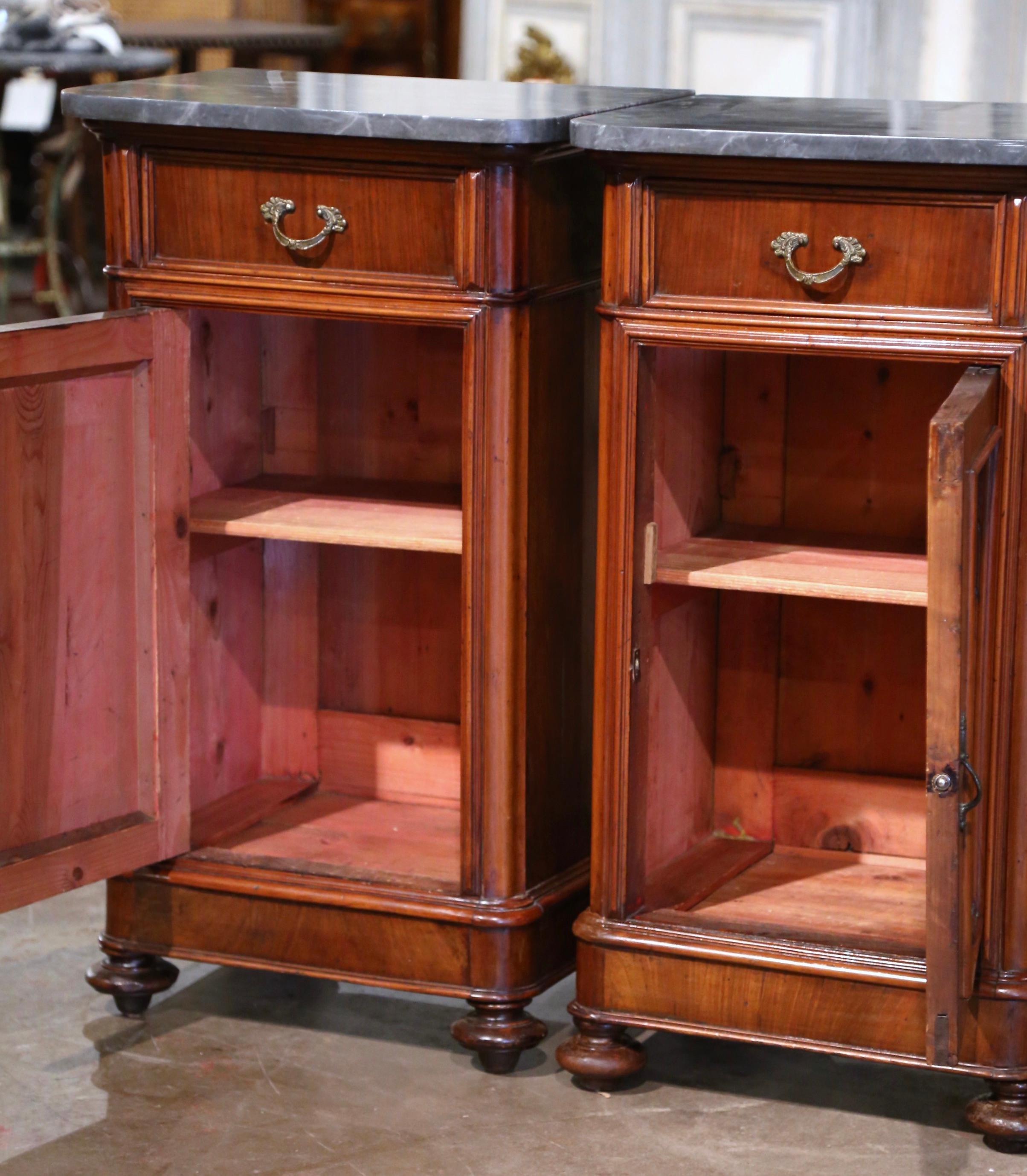 Pair of 19th Century French Louis Philippe Marble Top Walnut Bedside Cabinets 4