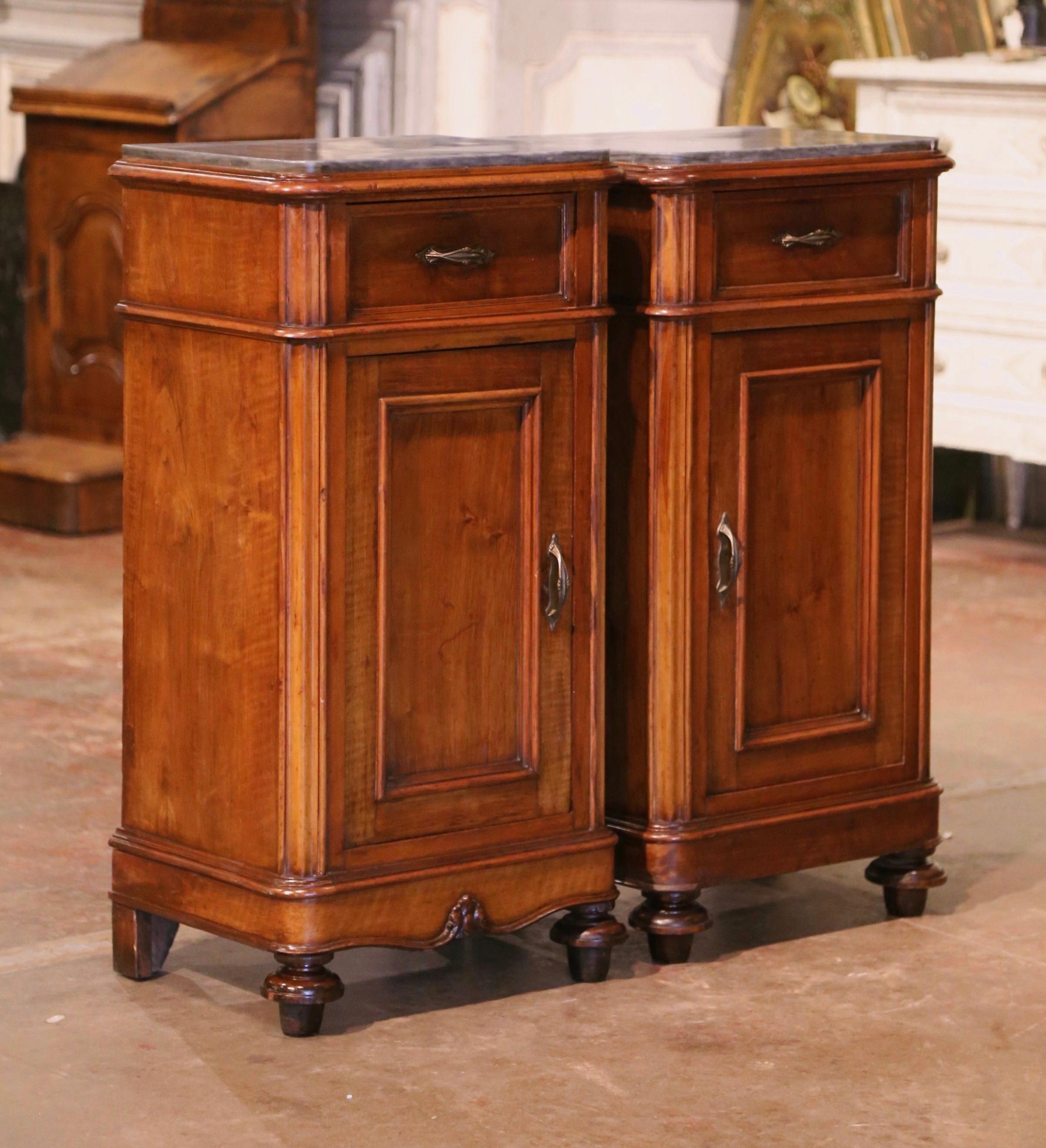 Pair of 19th Century French Louis Philippe Marble Top Walnut Bedside Tables 8