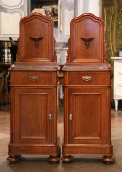 Pair of 19th Century French Louis Philippe Marble Top Walnut Bedside Tables