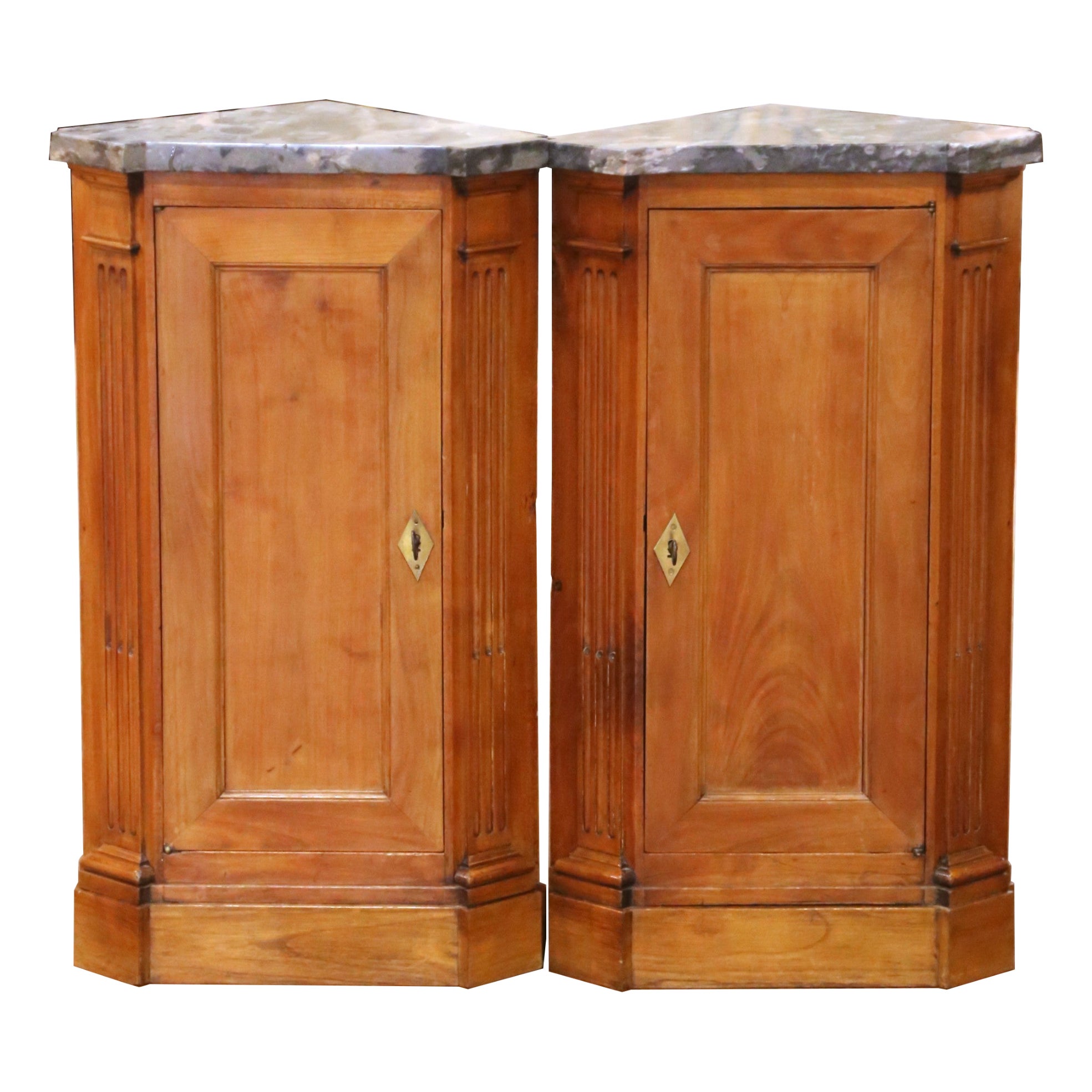 Pair of 19th Century French Louis Philippe Marble Top Walnut Corner Cabinets