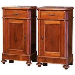 Antique Pair of 19th Century French Louis Philippe Walnut and Marble Top Bedside Tables