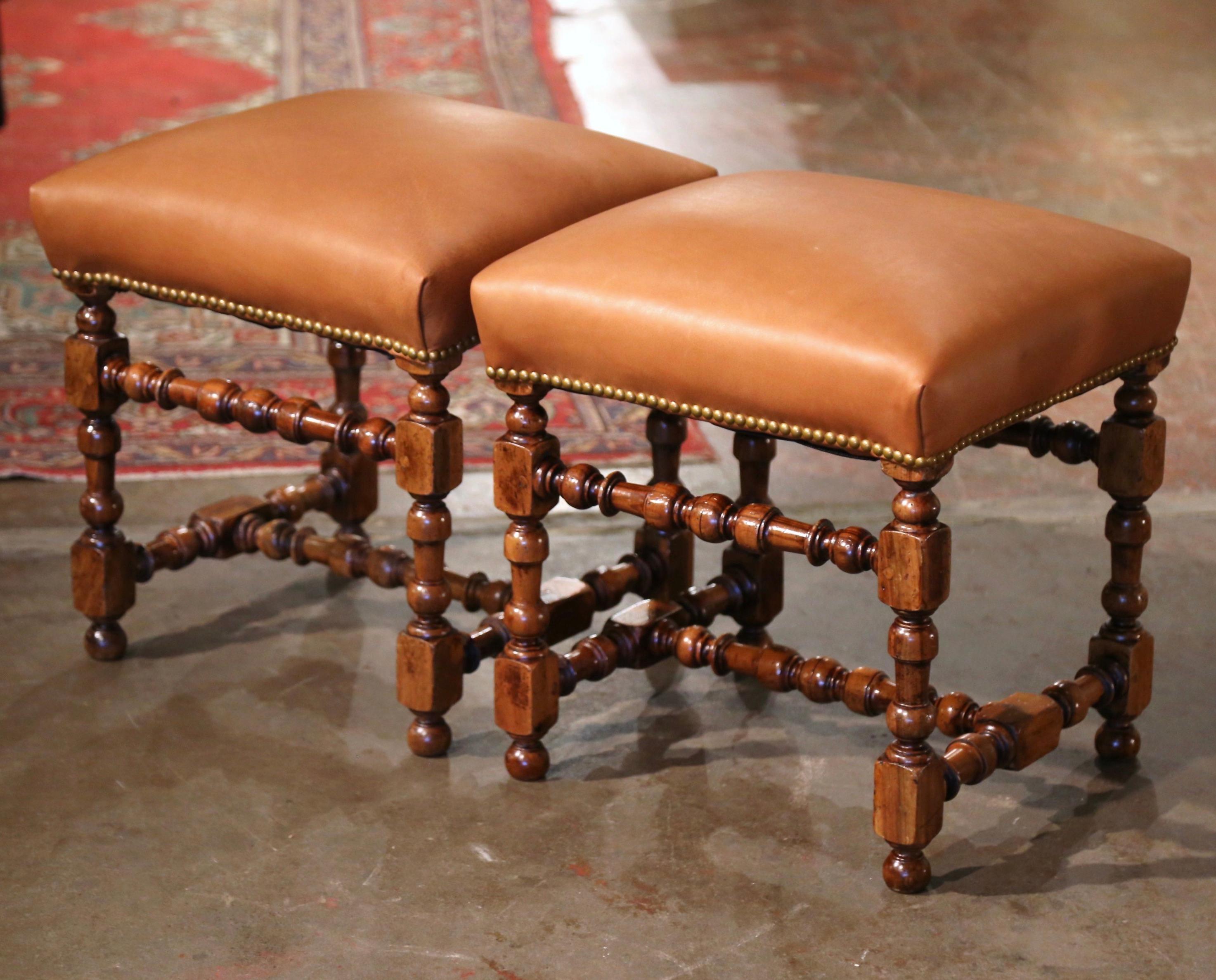 Pair of 19th Century French Louis XIII Carved Oak and Tan Leather Stools 2