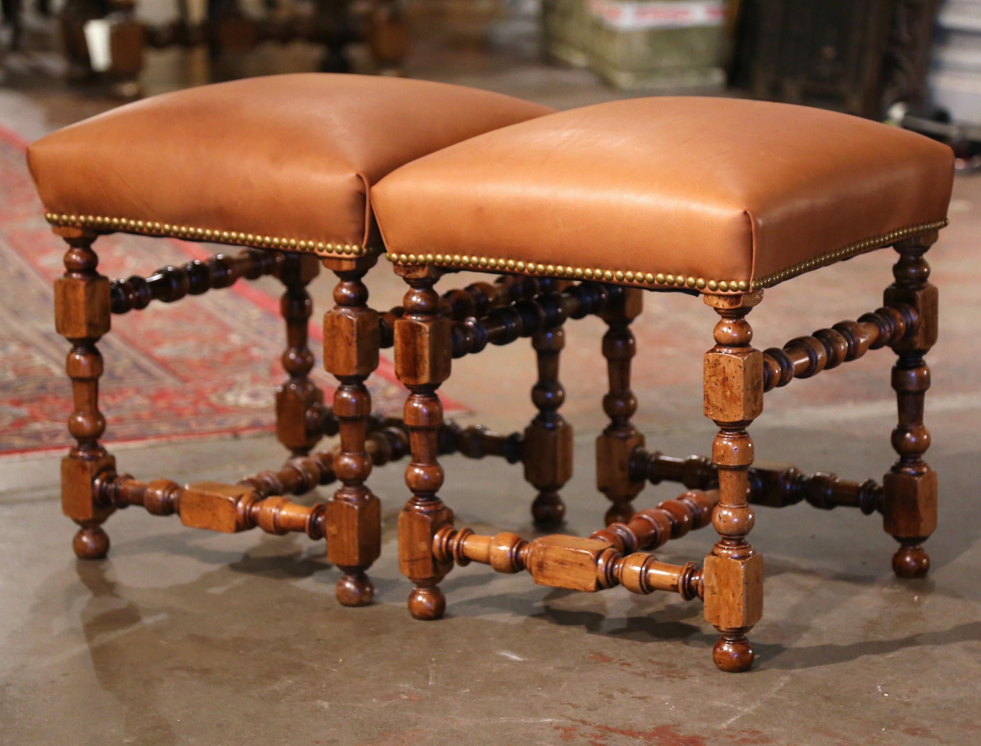 Pair of 19th Century French Louis XIII Carved Oak and Tan Leather Stools 4