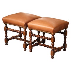 Pair of 19th Century French Louis XIII Carved Oak and Tan Leather Stools