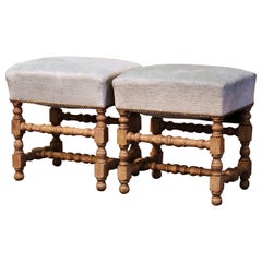 Pair of 19th Century French Louis XIII Carved Oak Stools with Upholstery Pair of 19th Century French Louis XIII Carved Oak Stools with Upholstery