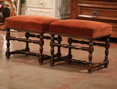Pair of 19th Century French Louis XIII Carved Walnut and Velvet Stools