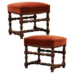 Pair of 19th Century French Louis XIII Carved Walnut and Velvet Stools